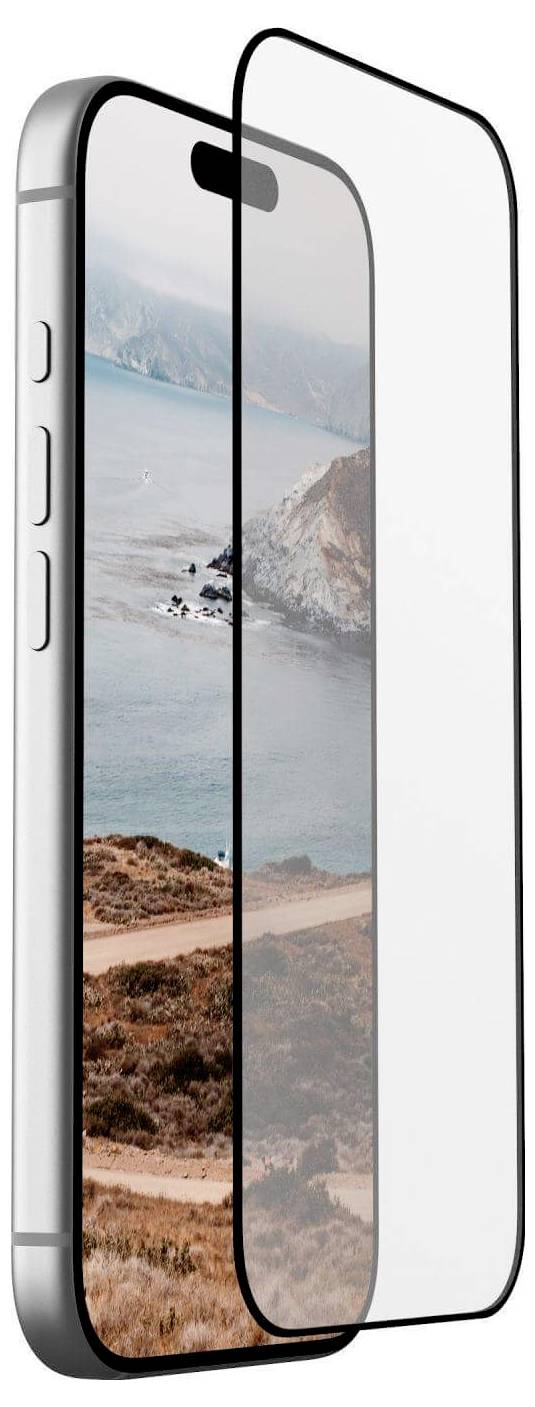 Ein Smartphone mit einer Küstenlandschaft als Hintergrund, daneben eine transparente Schutzfolie für den Bildschirm.
