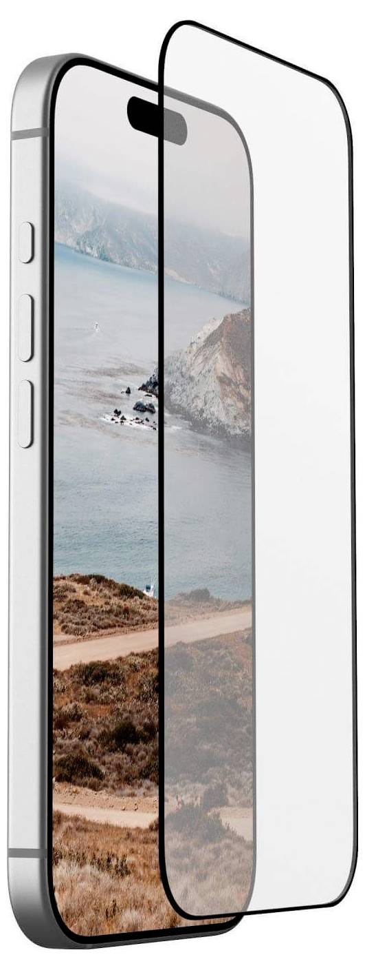 Smartphone mit einer Strandszene auf dem Bildschirm, teilweise von einem transparenten Schutzglas verdeckt, mit Betonung des Bildschirmschutzes.
