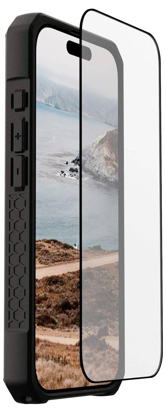 Ein robustes Smartphone mit einer Schutzschale und einem separaten transparenten Displayschutz, auf dem eine Küstenlandschaft als Hintergrundgrafik zu sehen ist.