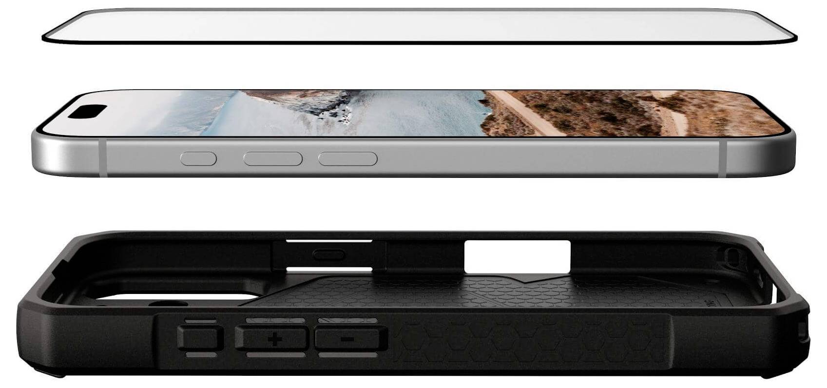 Telefon mit Landschaftsbild auf dem Bildschirm, in Schichten dargestellt: Displayschutzfolie oben, Telefon in der Mitte, Schutzhülle unten.