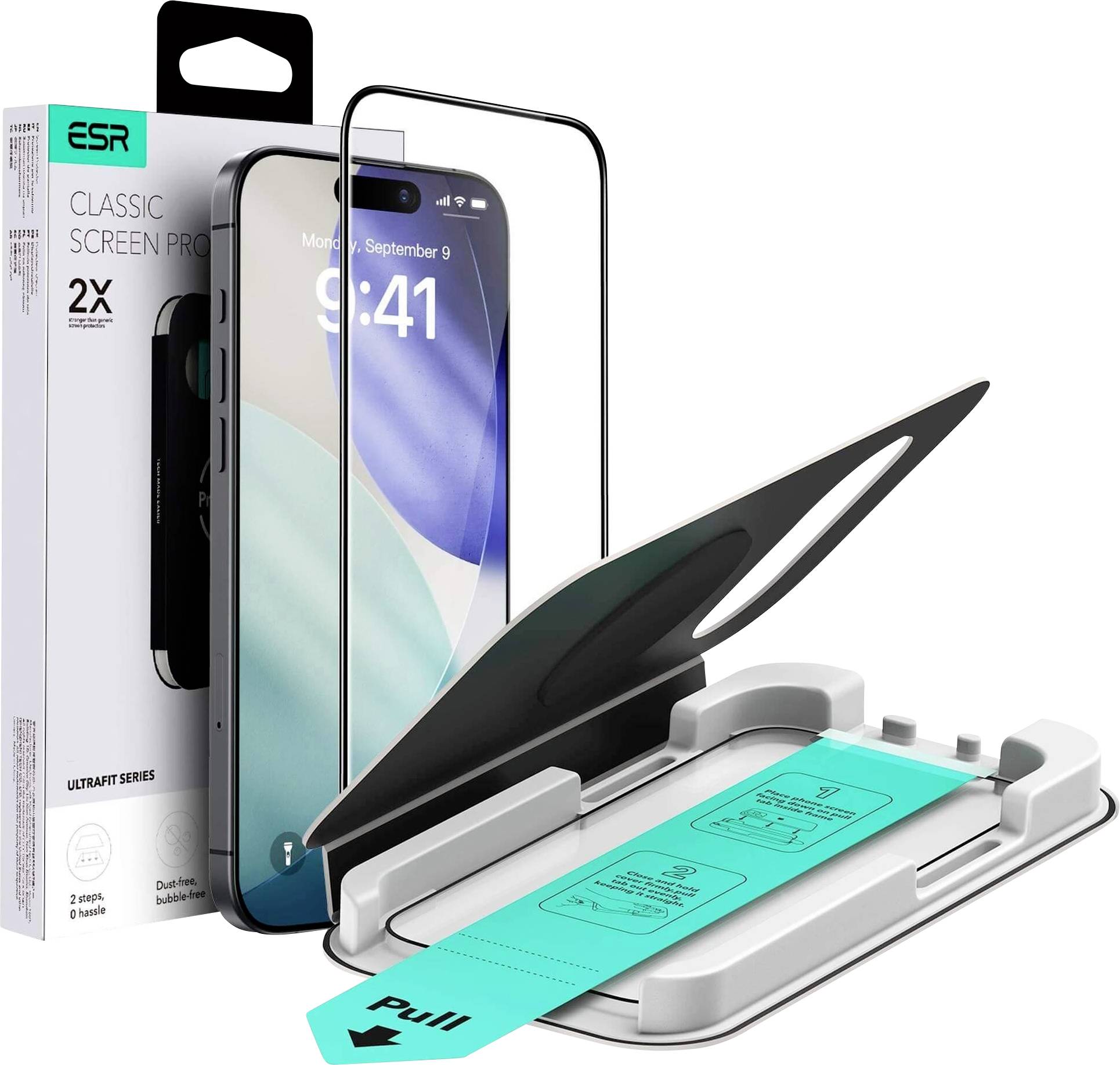 Bildschirmschutz und Installationswerkzeuge für ein Smartphone. Enthält eine Verpackungsbox, ein Telefon mit einem Beispielbildschirm und einen Ausrichtungsrahmen.