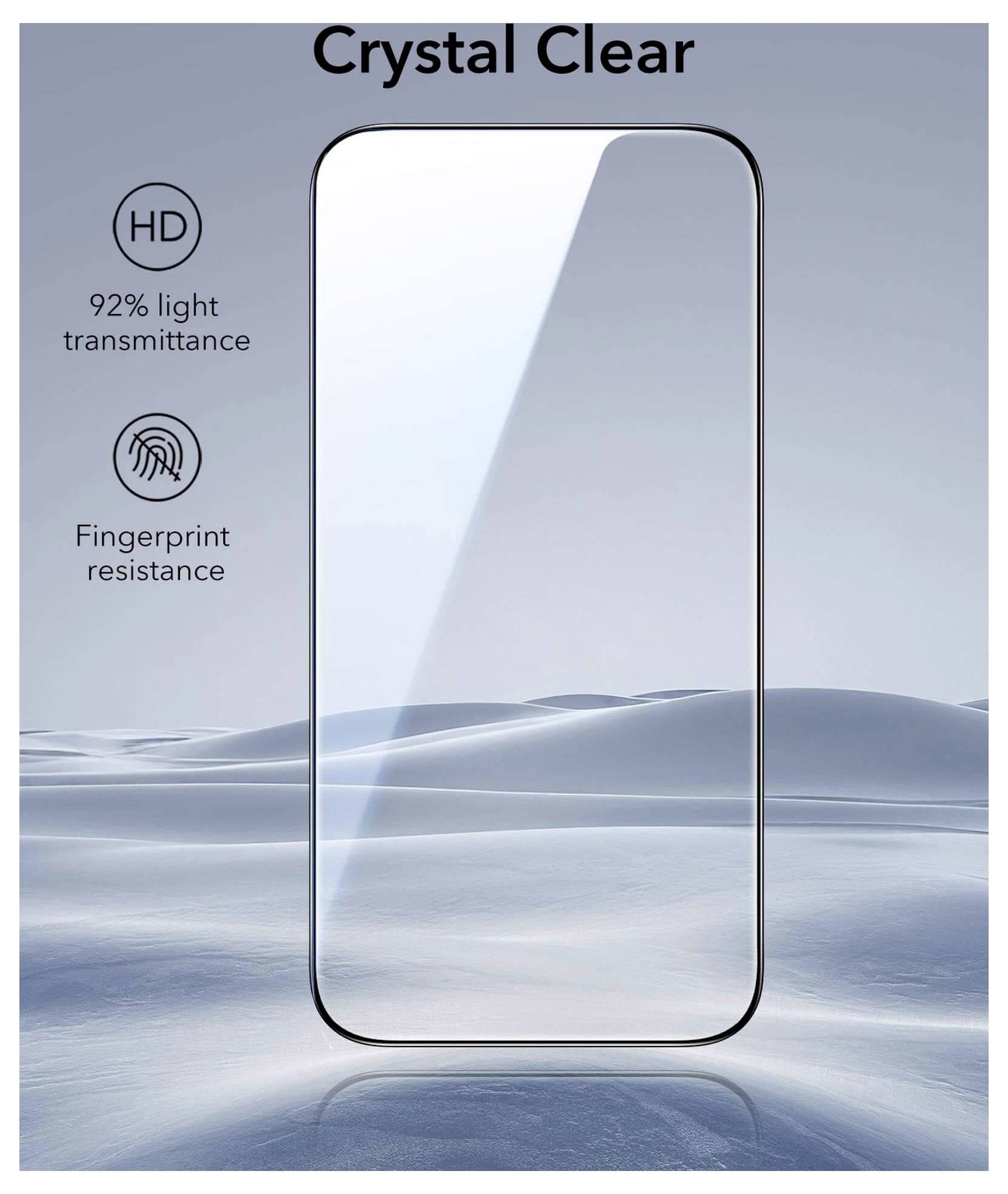 Eine transparente Smartphone-Displayschutzfolie mit Aufschriften '92% Lichtdurchlässigkeit' und 'Fingerabdruckresistent' auf einer glatten, reflektierenden Oberfläche.