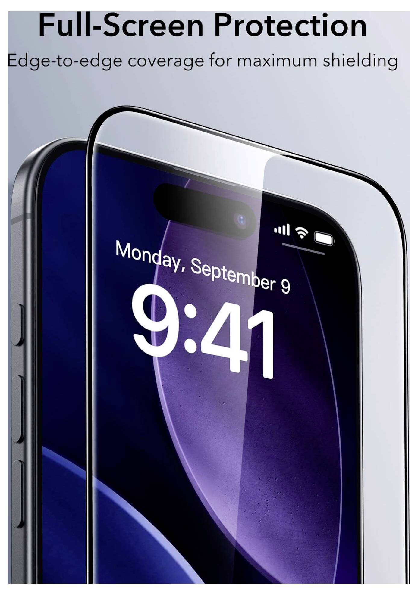 Vollbildschutz-Werbung, die einen randlosen Handybildschirmschutz zeigt, mit dem Datum 'Montag, 9. September' und der Uhrzeit '9:41'.