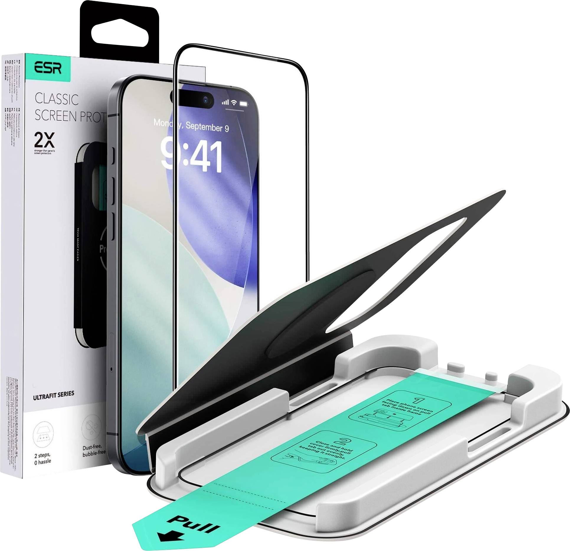 Verpackung eines ESR-Smartphone-Displayschutzes zeigt ein einfaches Installationskonfigurator neben einem Telefon, das 9:41 Uhr am Montag, den 9. September, anzeigt.