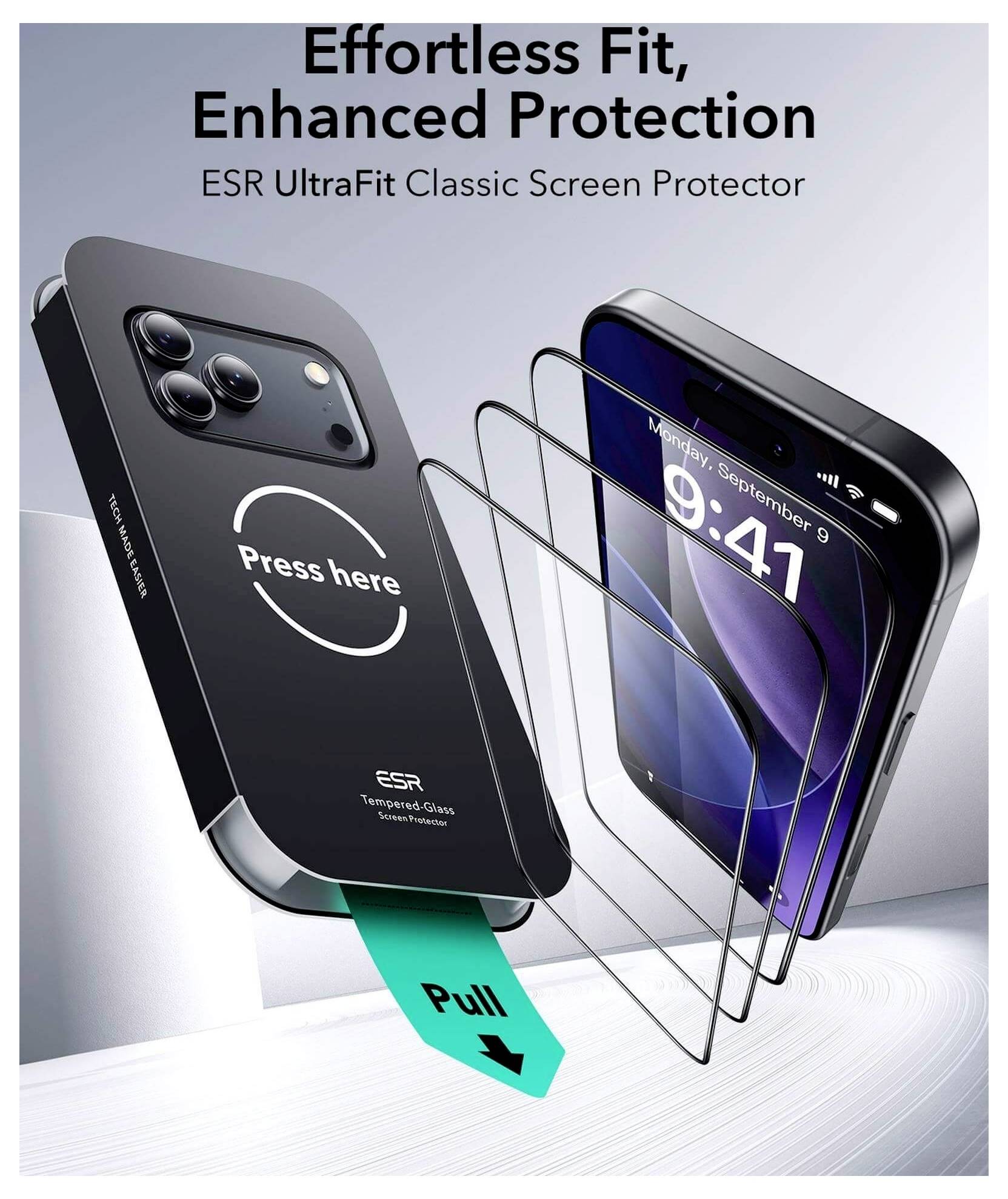 ESR UltraFit Classic Displayschutz mit einfacher Installation durch Abreißlasche, der den Bildschirm und perfekten Sitz auf einem Smartphone hervorhebt.