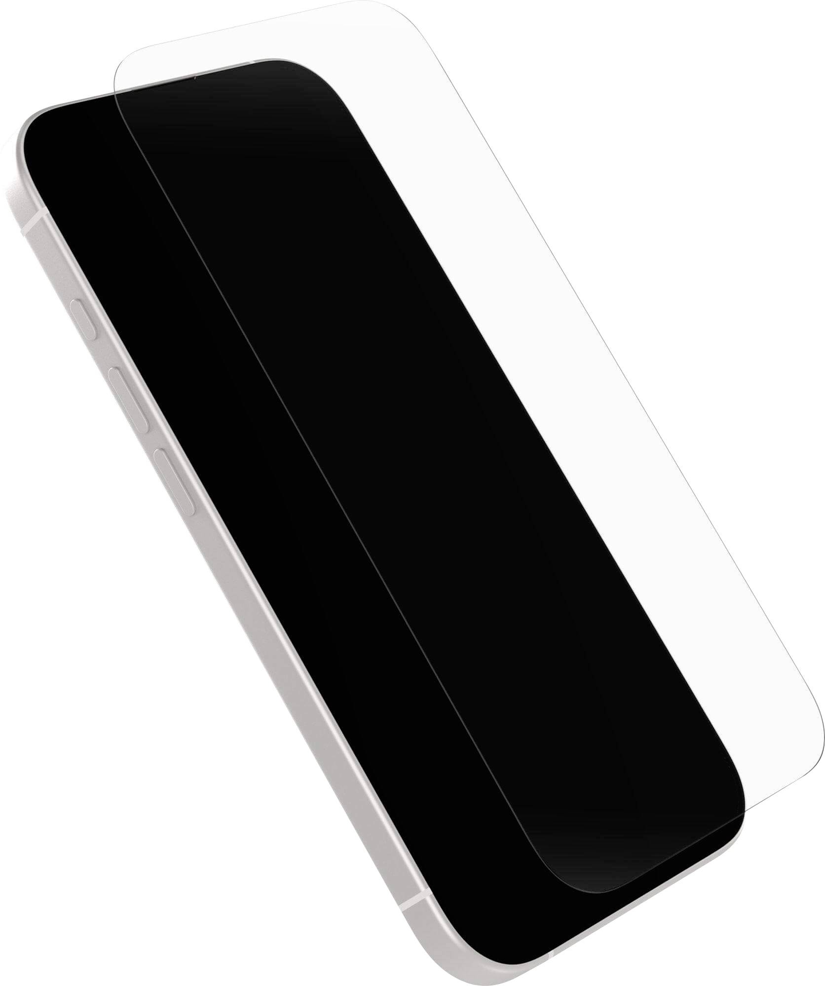 Ein Smartphone, das in einem Winkel geneigt ist, mit einem transparenten Displayschutz, der darüber platziert ist und Ausrichtung und Abdeckung zeigt.