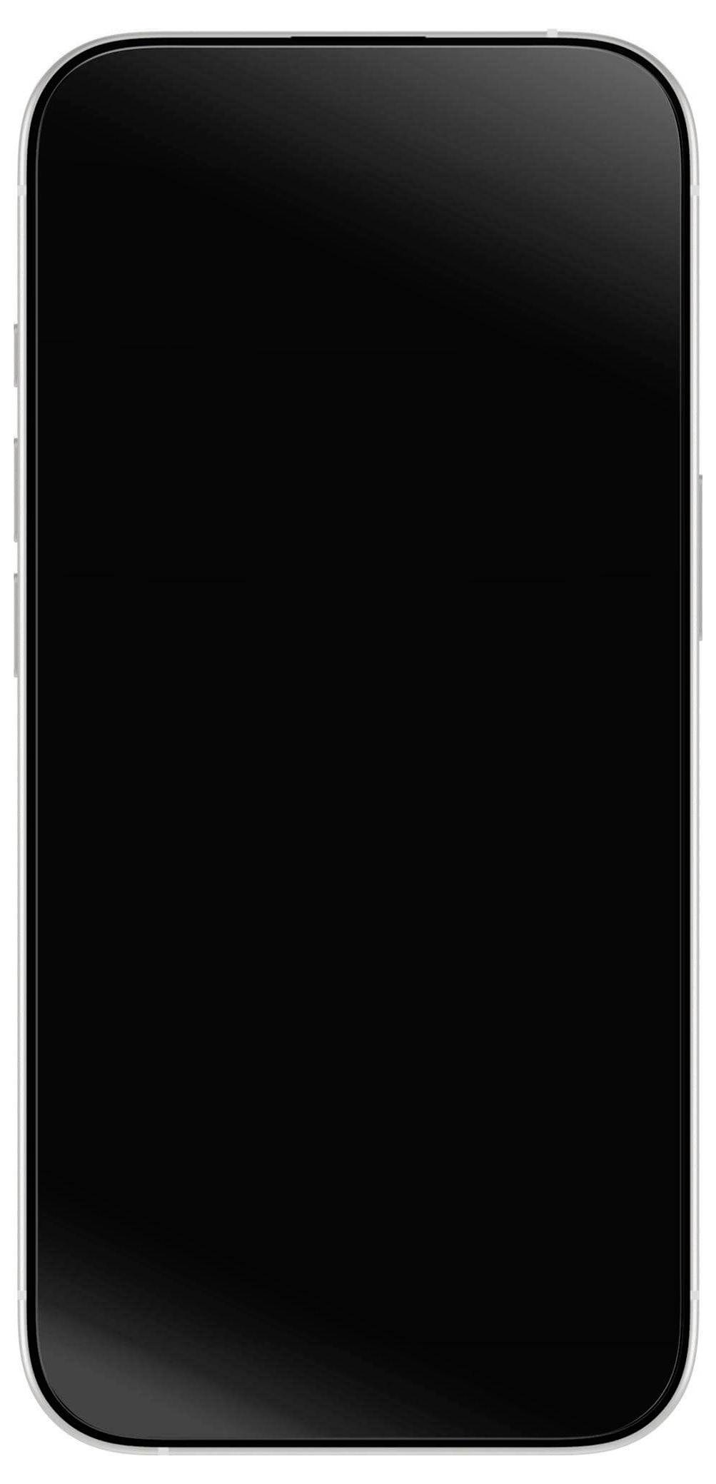 Ein schlankes Smartphone mit einem großen schwarzen Bildschirm und dünnen weißen Rändern, von vorne gezeigt, betont sein modernes Design.