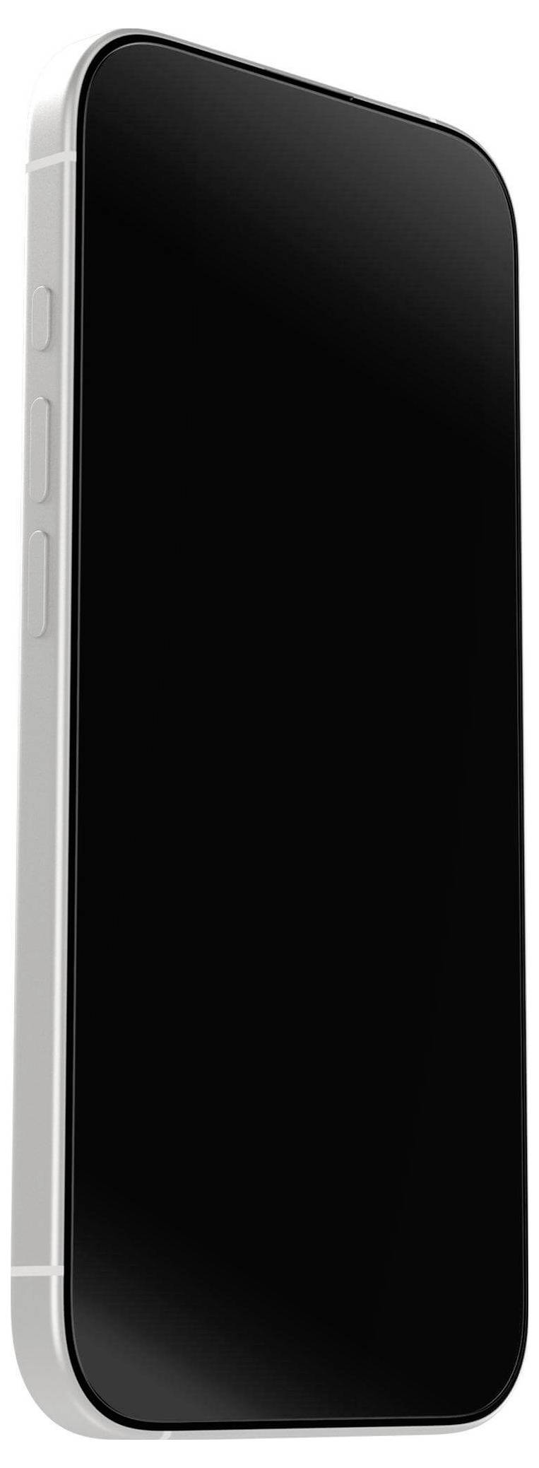 Ein silbernes Smartphone mit einem schwarzen Bildschirm ist leicht nach links geneigt und zeigt ein schlankes, minimalistisches Design mit sichtbaren Seitenknöpfen.