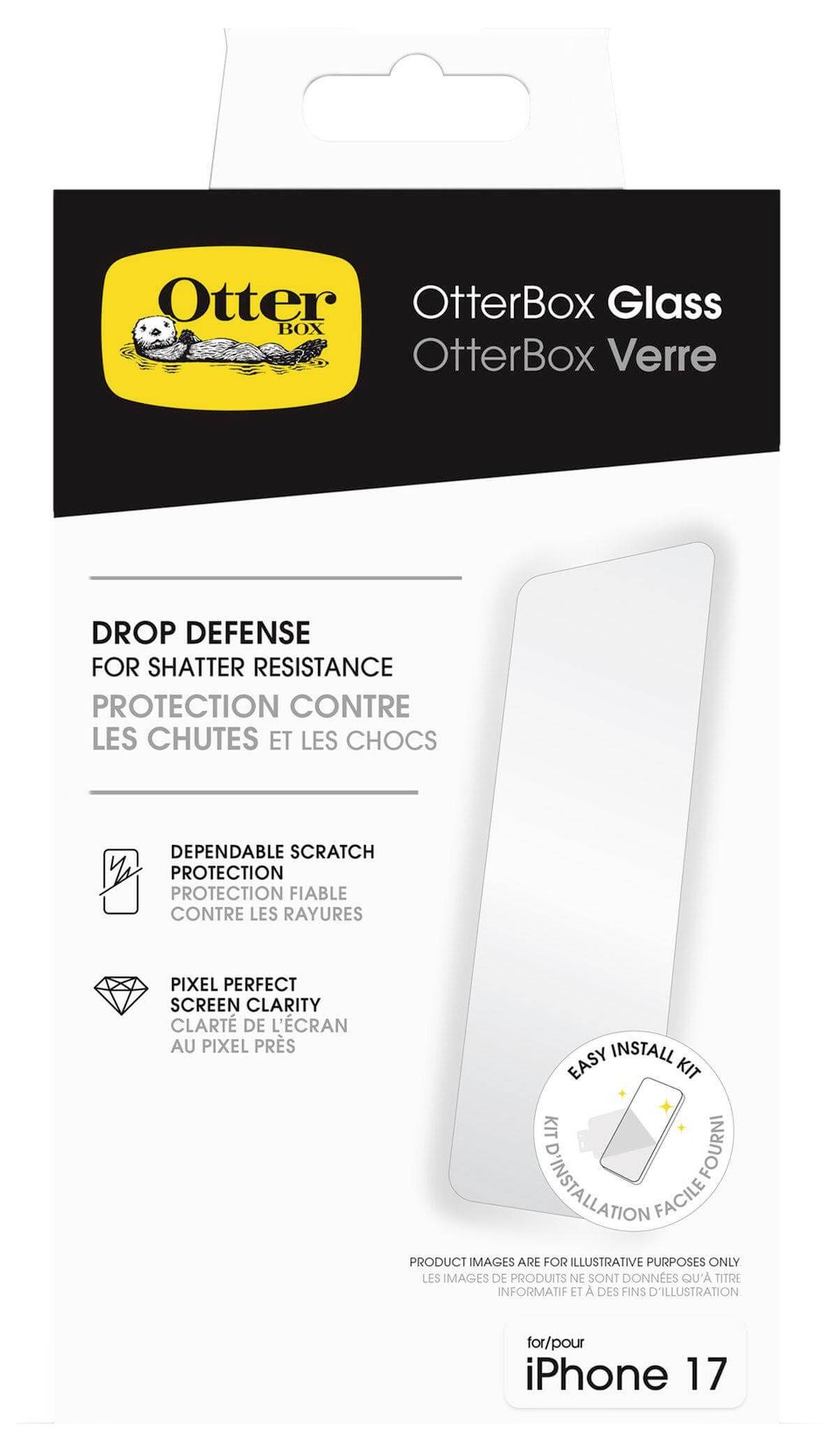 Verpackung für OtterBox Glasschutzfolie, iPhone 17. Betont Stoßfestigkeit, Kratzschutz und einfaches Installationsset.