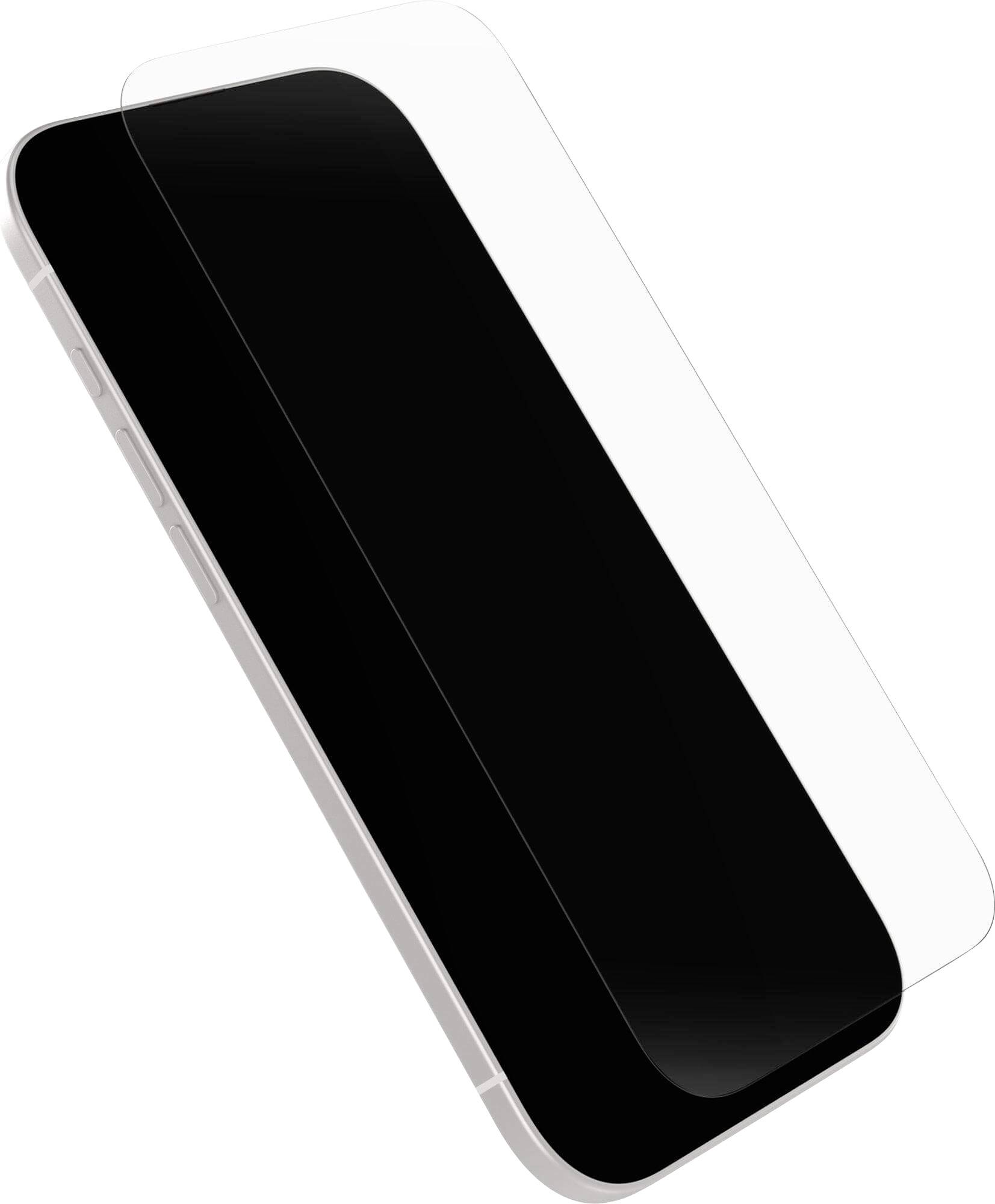 Schräge Ansicht eines Smartphones mit einem teilweise aufgeklebten, transparenten Displayschutz, der die Passgenauigkeit und Abdeckung auf dem Gerät veranschaulicht.