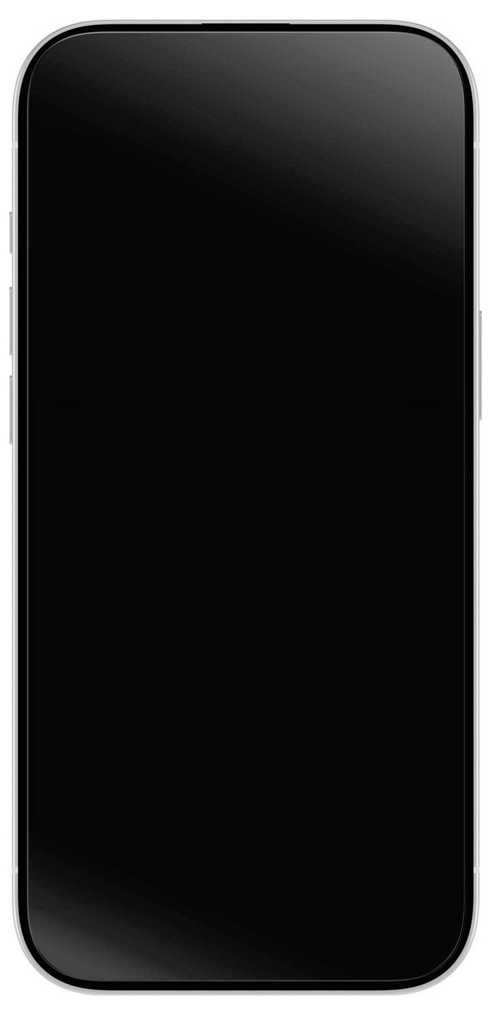 Ein Smartphone mit einem leeren schwarzen Bildschirm, von vorne betrachtet.