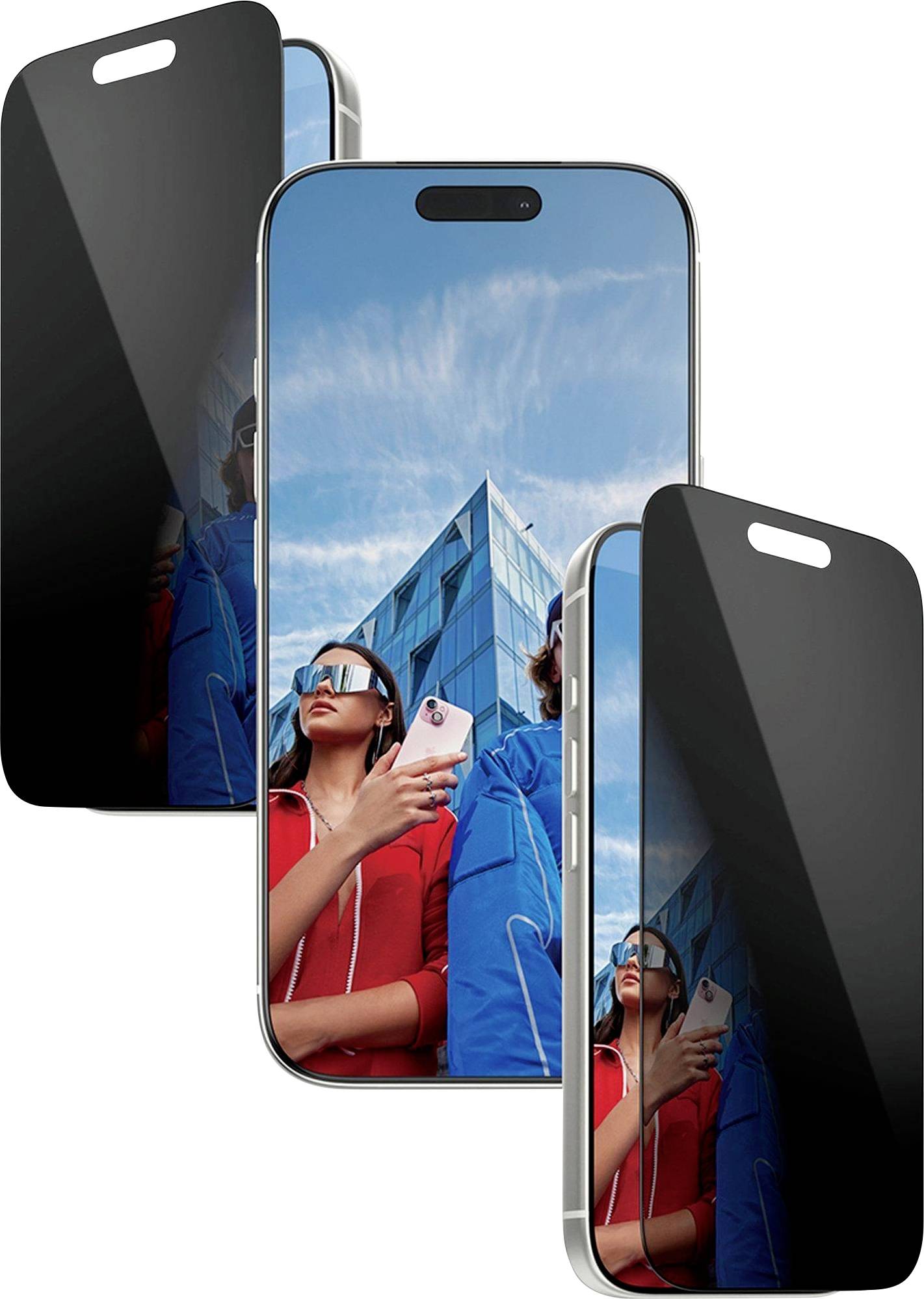 Sichtschutzfolien für Smartphones, die seitliche Einblicke blockieren. Die Anzeige zeigt zwei Personen mit Sonnenbrillen vor einer Wolkenkratzer-Kulisse.