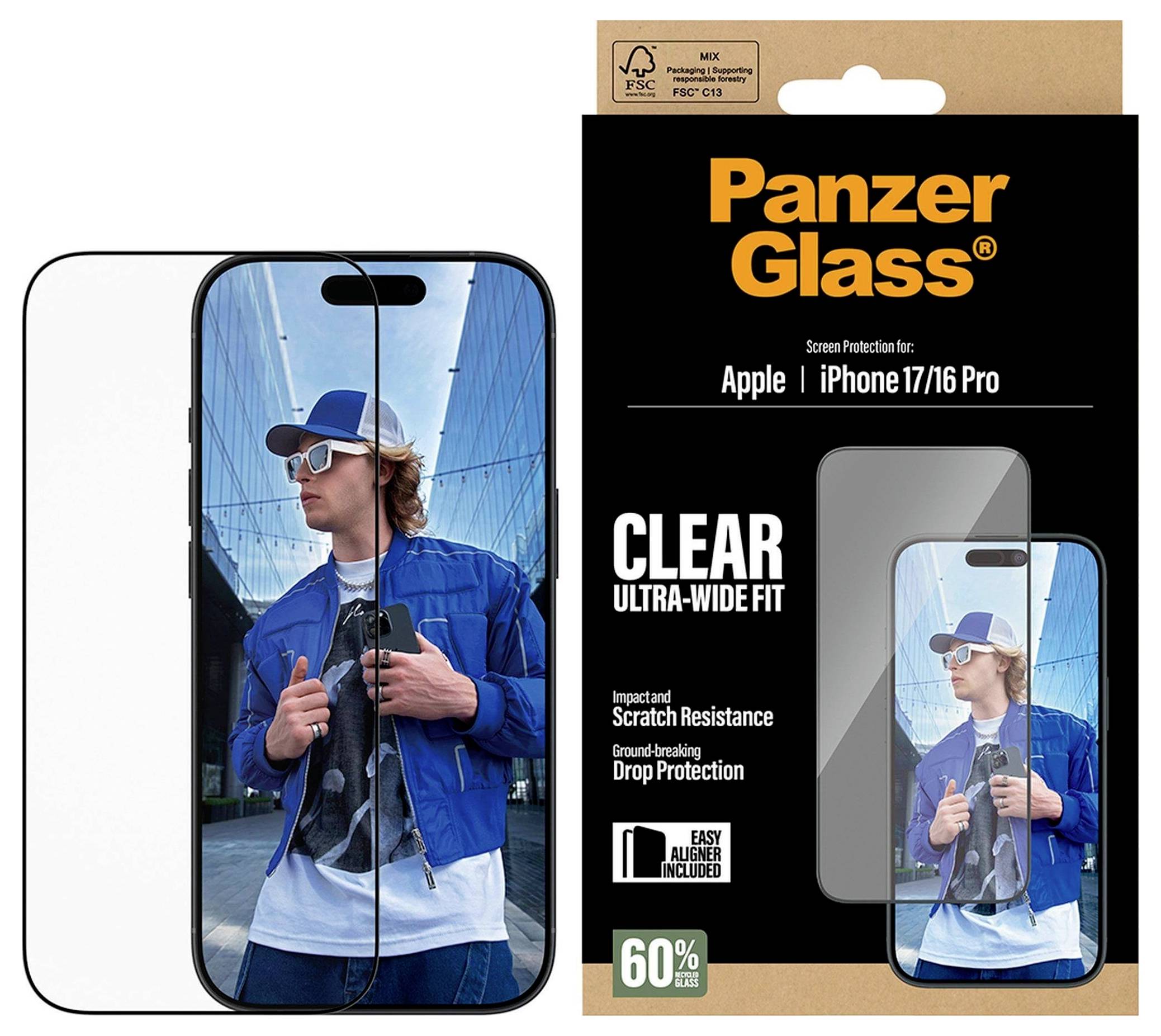 PanzerGlass Displayschutz für Apple iPhone 17/16 Pro. Eigenschaften: klar, ultraweit passend, stoß- und kratzfest, zu 60% recycelt.