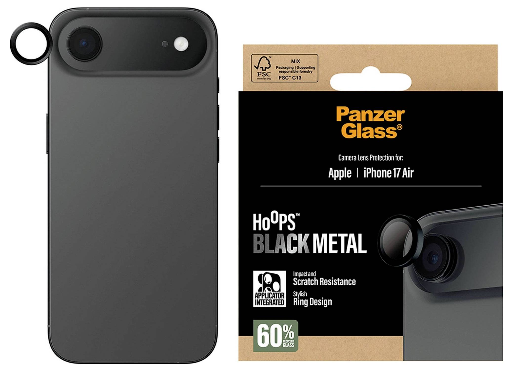 'iPhone 17 Air' Hülle von PanzerGlass mit HoOPS schwarzem Metalldesign, ausgestattet mit Kratzfestigkeit und Ringdesign zum Schutz der Kamera.