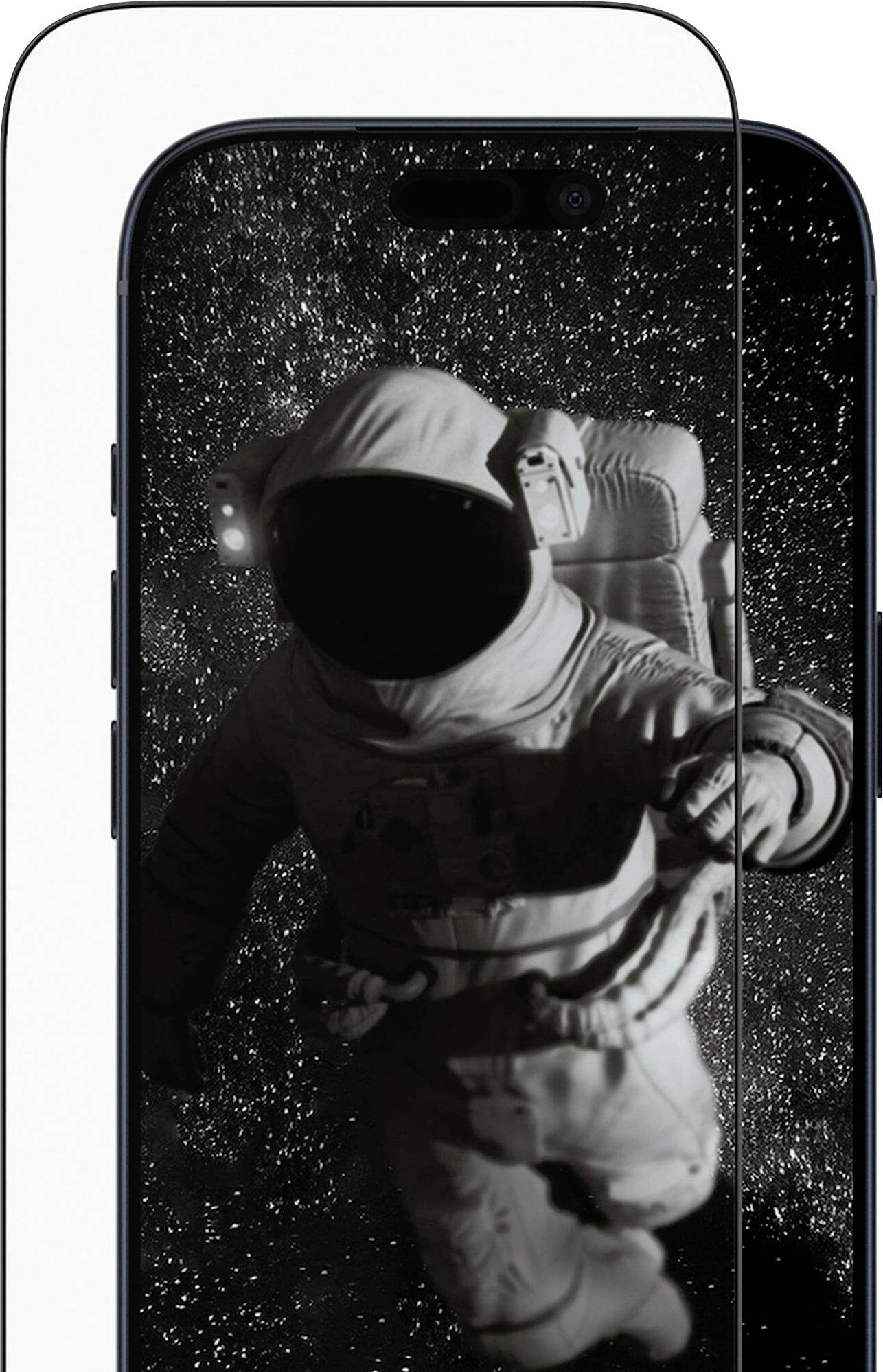 Ein Astronaut, der im Weltraum schwebt, aufgenommen auf einem Smartphone-Bildschirm vor einer Sternenkulisse. Das Bild zeigt die Displayqualität des Telefons.