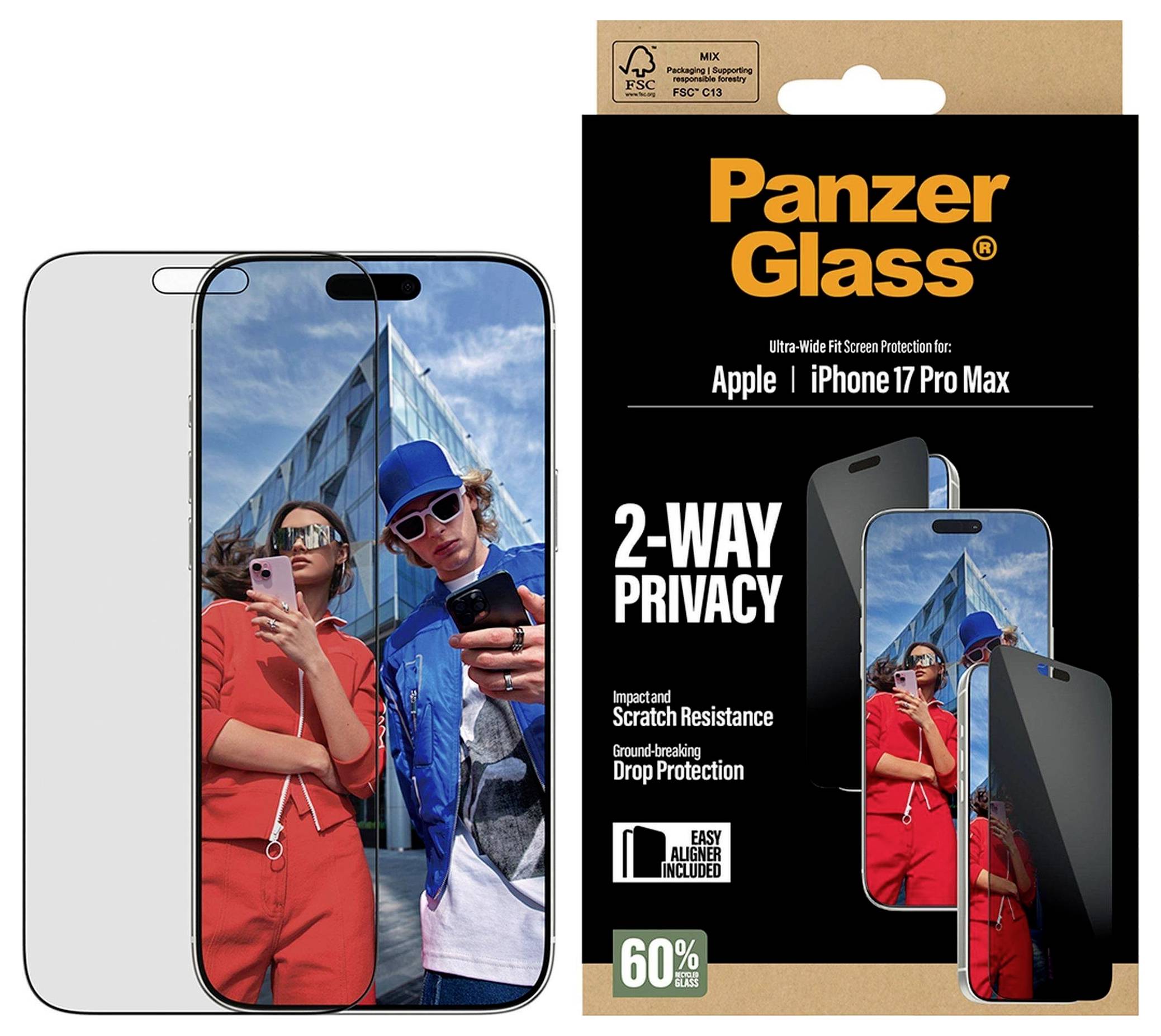 Box von Panzer Glass 2-Wege-Datenschutz-Displayschutz für iPhone 17 Pro Max. Enthält Datenschutzfunktion, Stoßfestigkeit und 60% recycelte Materialien.