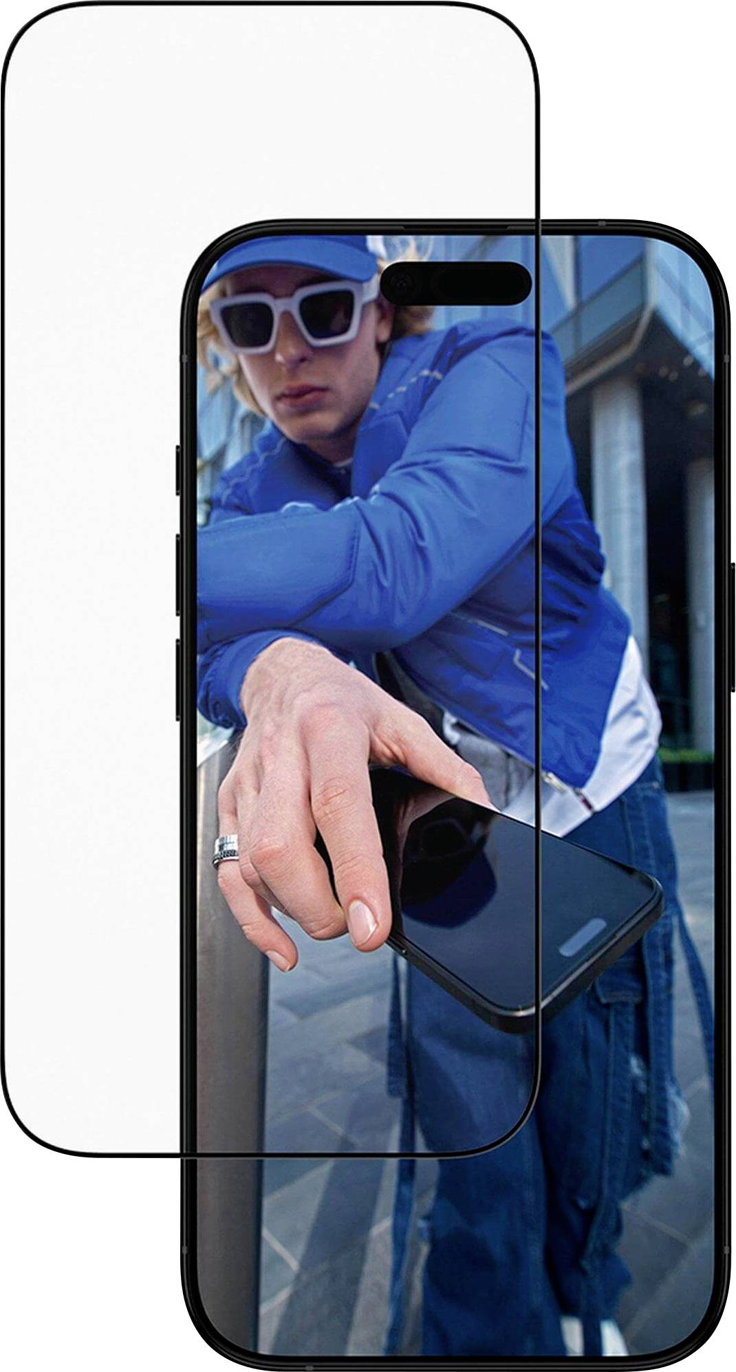 Eine Person in blauer Kleidung und Sonnenbrille greift nach vorne und macht ein Foto mit einem Smartphone. Das Bild betont die Bildschirmklarheit des Telefons.