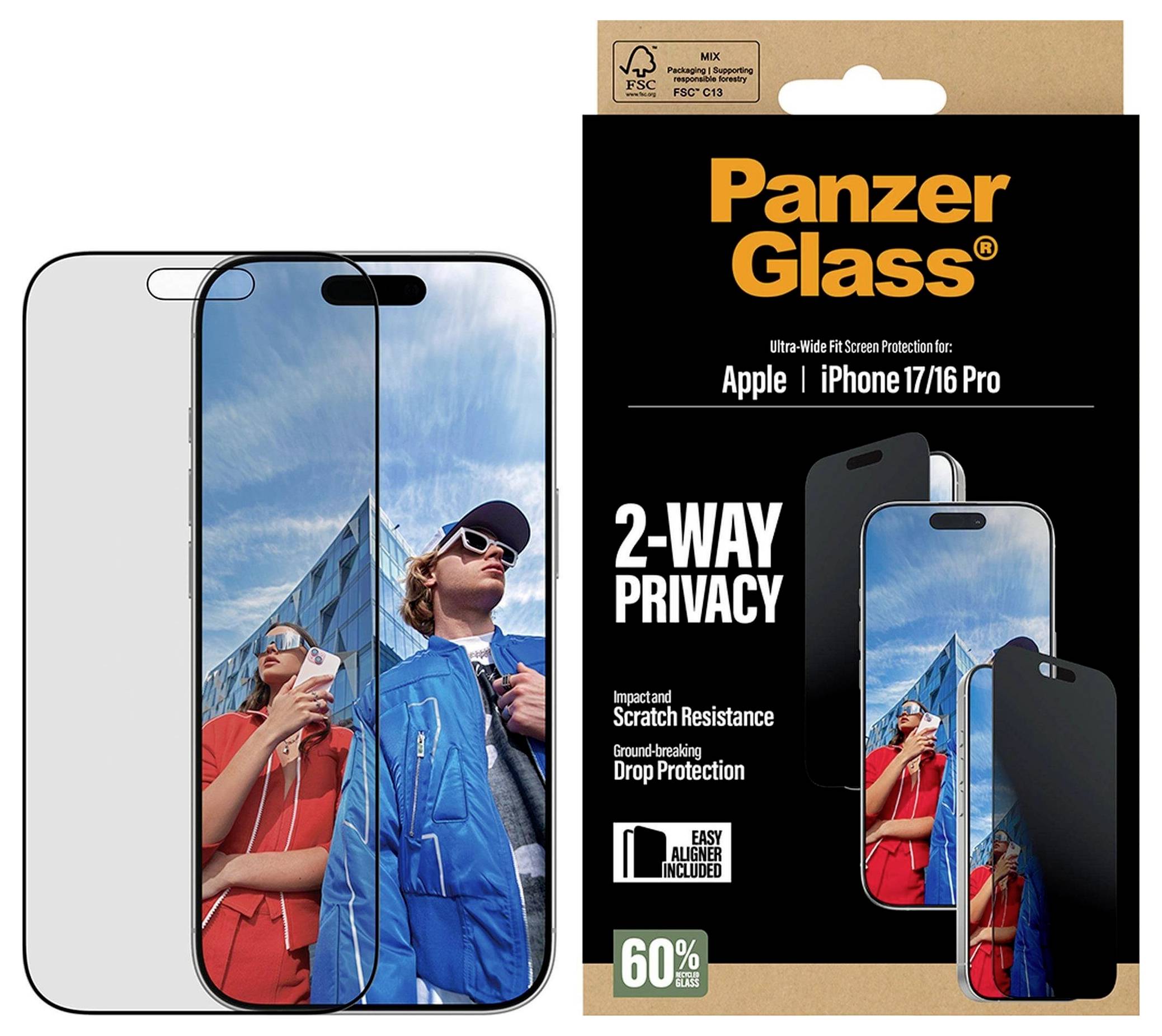 PanzerGlass Displayschutz für Apple iPhone 17/16 Pro mit 2-Wege-Blickschutz, Stoß- und Kratzfestigkeit sowie Fallschutz.