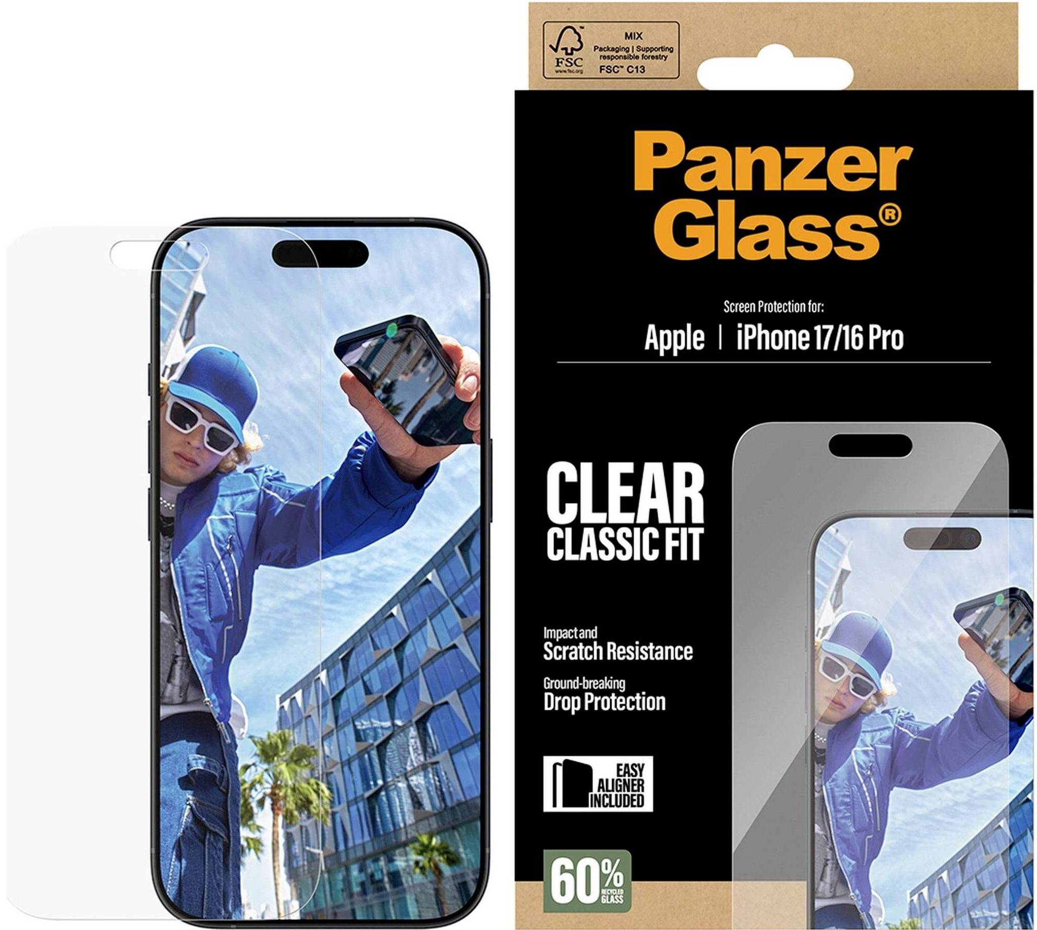 Verpackung eines Panzer Glass Displayschutzglases für Apple iPhone 17/16 Pro neben einem Telefon, das einen Mann beim Skateboarden in einer urbanen Umgebung zeigt.