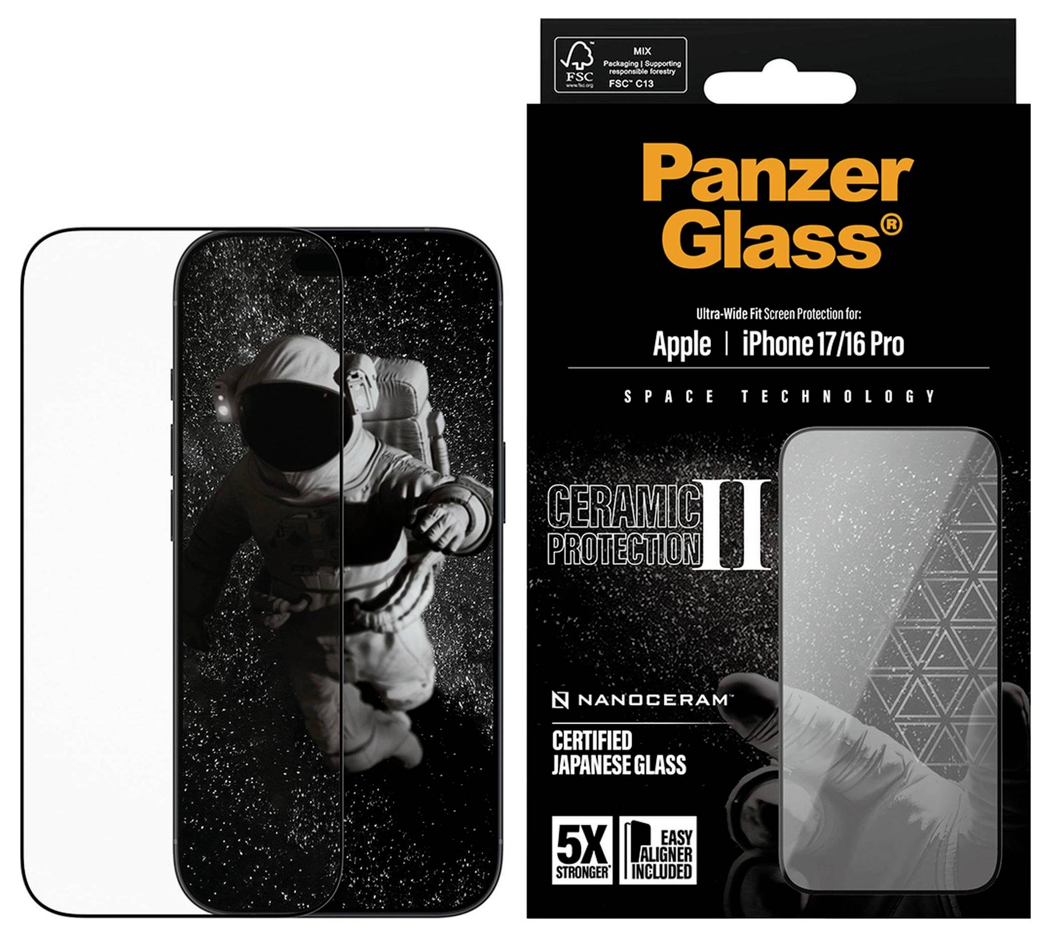 Astronauten-Displayschutz für Apple iPhone 17/16 Pro von PanzerGlass, mit Keramikschutz und zertifiziertem japanischem Glas.