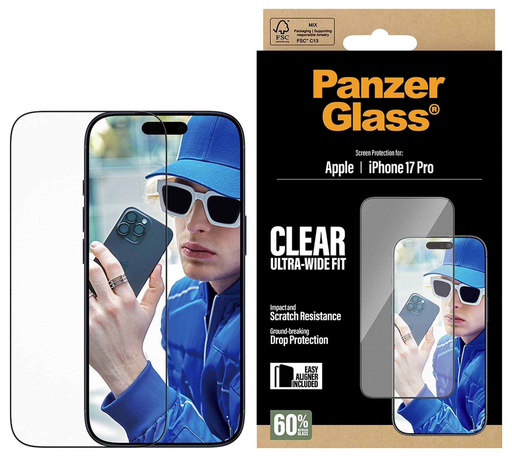 Eine Person mit Sonnenbrille hält ein iPhone mit einer Schutzhülle. Der Text 'Panzer Glass' deutet darauf hin, dass es sich um die Verpackung eines Displayschutzfoliengleichgebildes handelt.