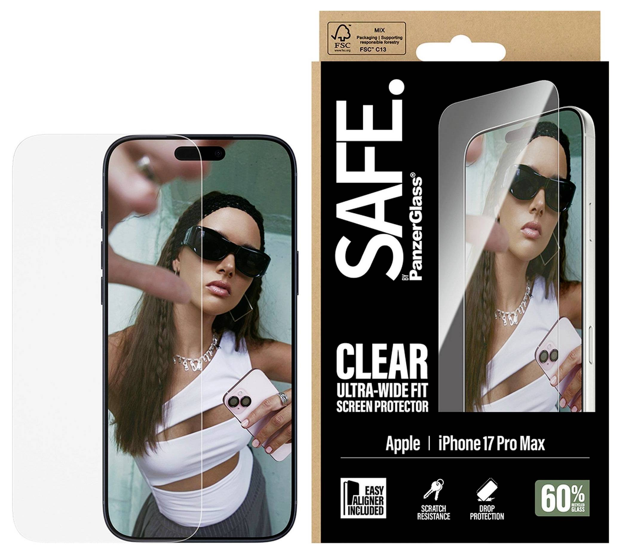 iPhone mit aufgeklebter Displayschutzfolie, der eine Frau zeigt, die ein Selfie macht. Die Verpackung hebt Merkmale hervor: klar, ultrabreite Passform, kratzfest.