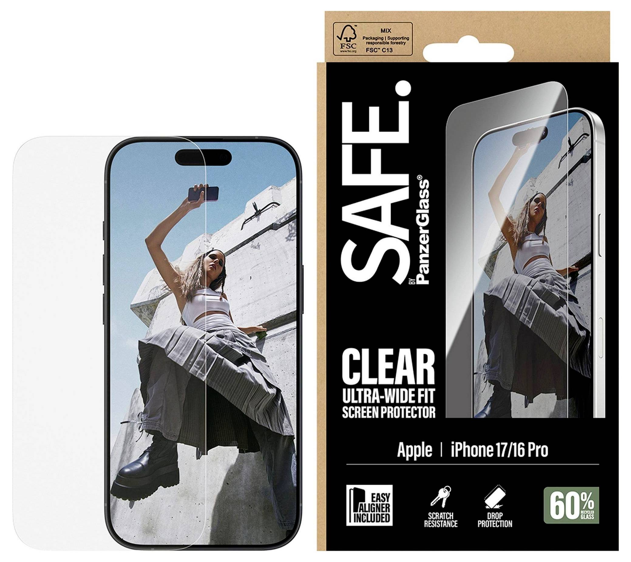 Ein Paket des SAFE PanzerGlass Displayschutzfoliensets für iPhone 17/16 Pro, gekennzeichnet durch ein klares Design mit einfacher Ausrichtung und Kratzfestigkeit.
