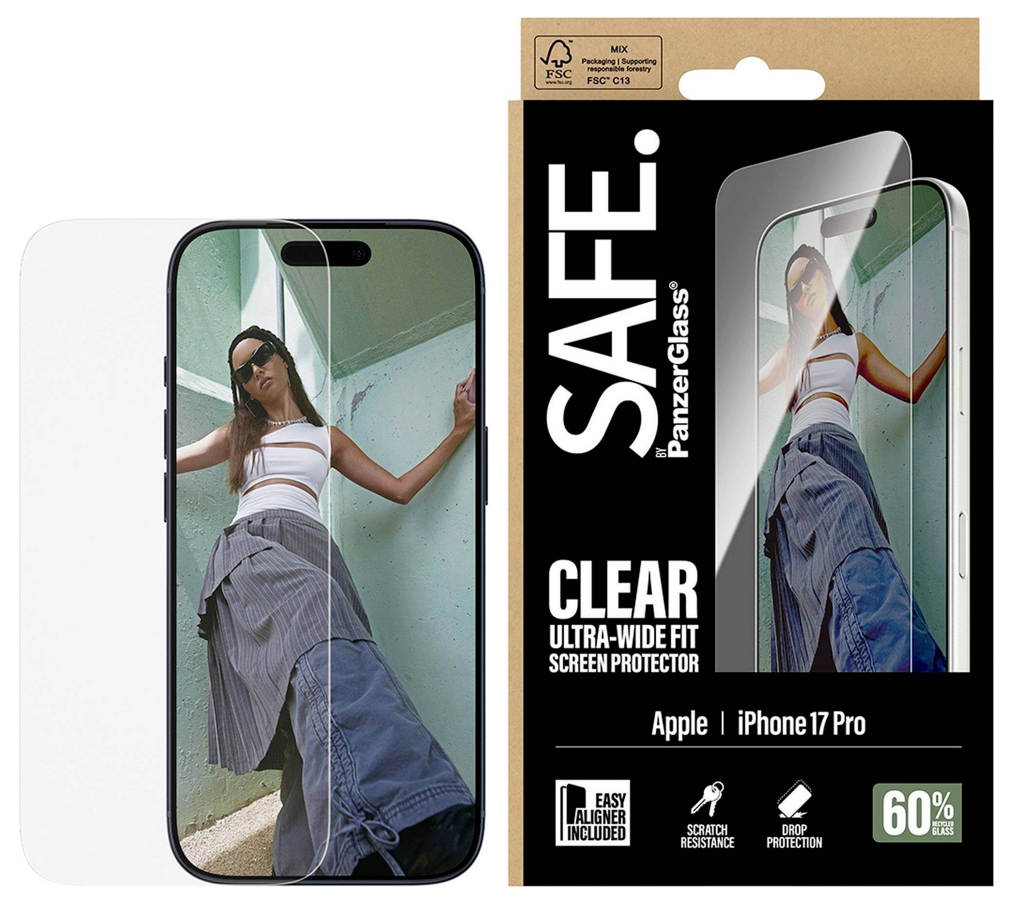 Displayschutz-Verpackung für iPhone mit 'SICHER. PanzerGlass' und einem Hintergrundbild einer Frau auf dem Telefonbildschirm.