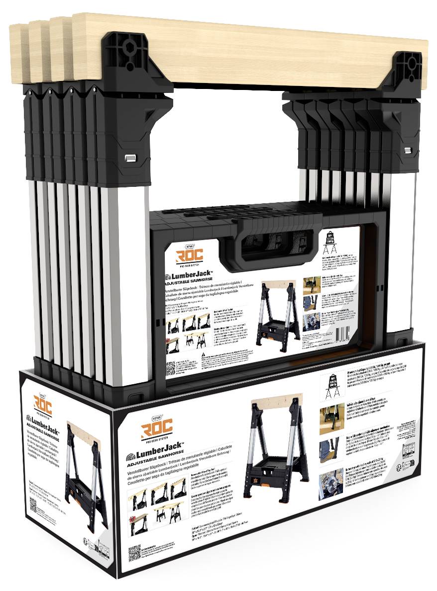 Tragbare Klapp-Sägebock mit schwarzen und silbernen Beinen und einer Arbeitsplatte aus Naturholz, in Verpackung präsentiert, die Marken- und Produktbilder zeigt.