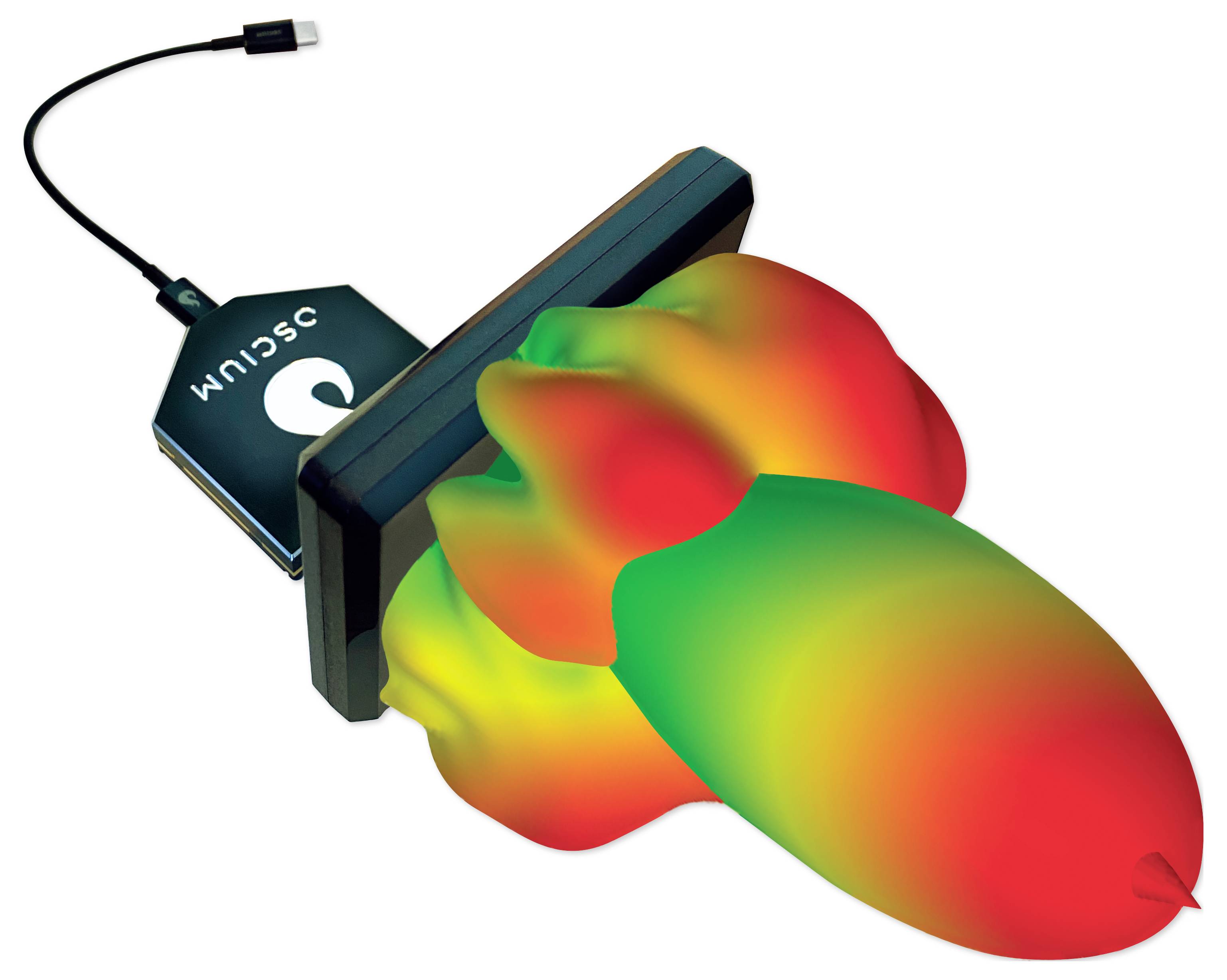 Ein 3D-Scanngerät sendet ein farbiges, wärmeähnliches Bild über ein Objekt aus, das die Wärmeverteilung oder topografische Daten anzeigt.