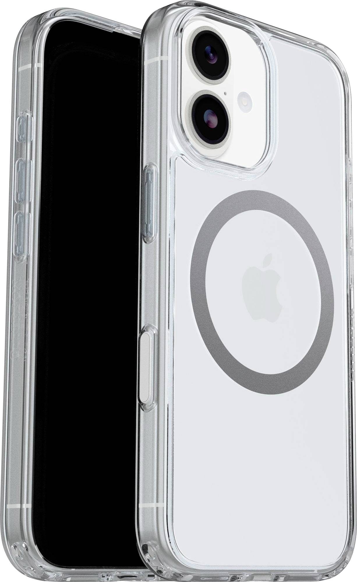 Eine transparente Handyhülle, die für ein iPhone entwickelt wurde, mit einem MagSafe-Kreis auf der Rückseite und Apple-Logo in der Mitte.