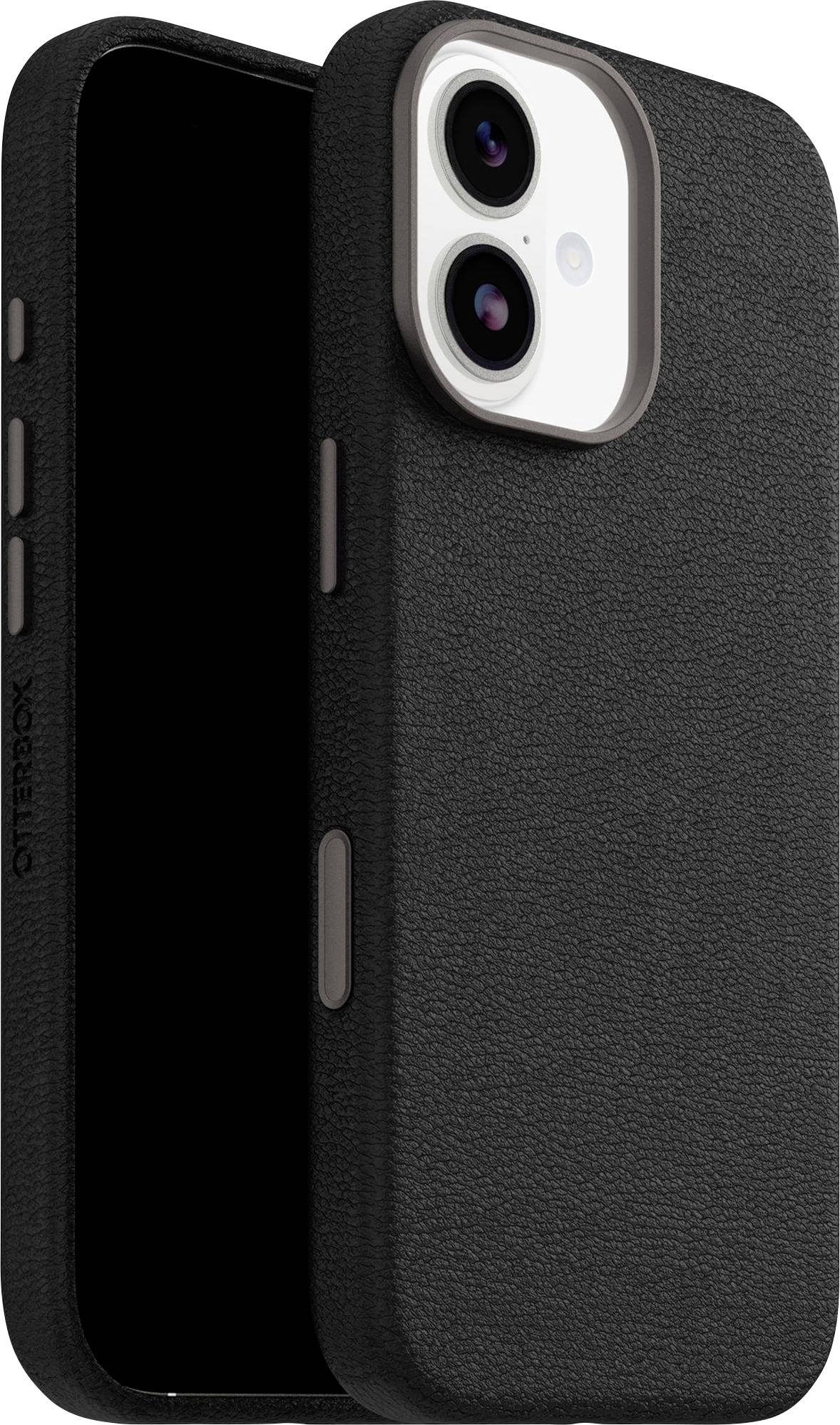 Eine schwarze, strukturierte Smartphone-Hülle mit doppelter Kameraöffnung, seitlichen Tasten und weicher Innenfütterung.