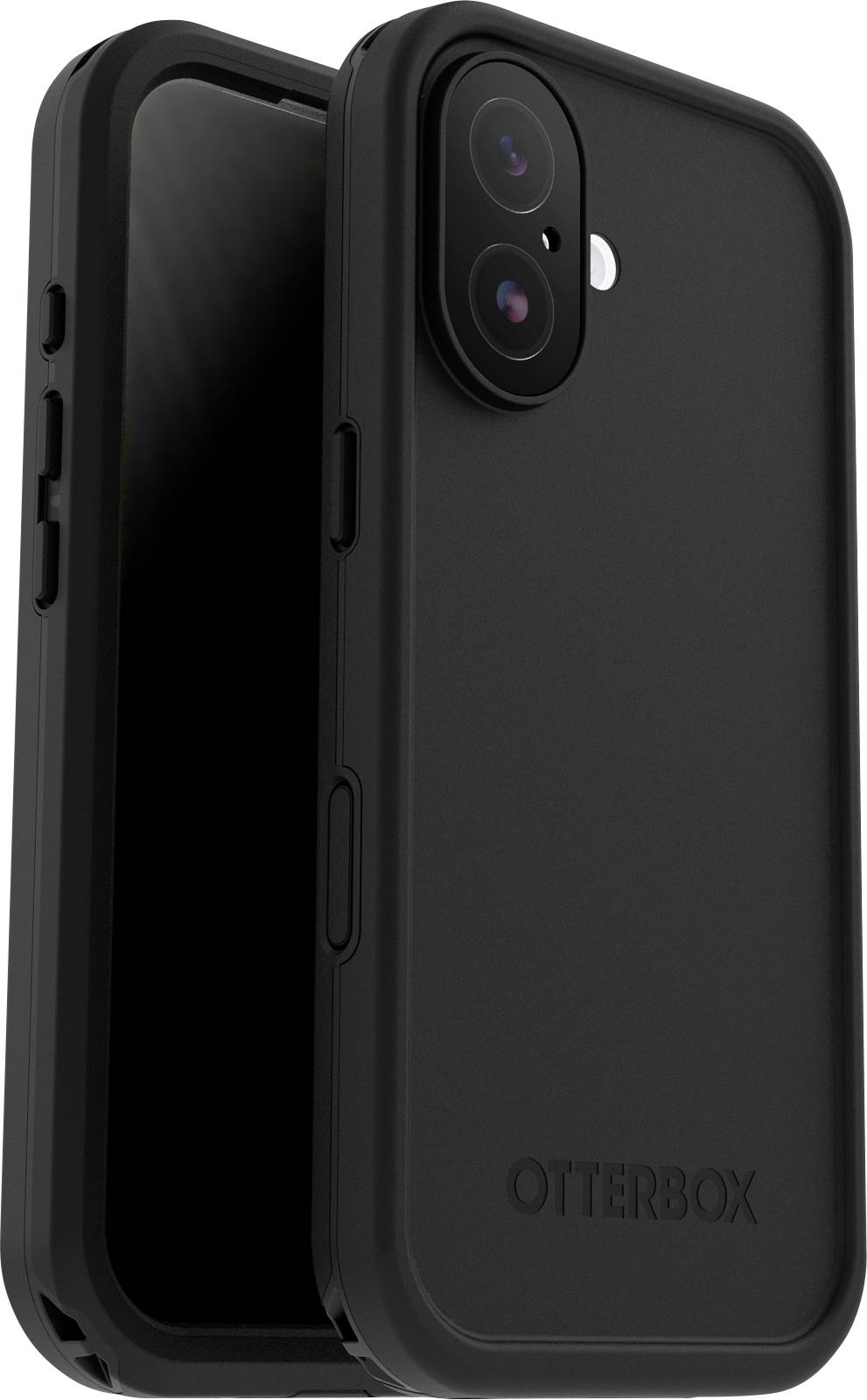 Schwarze Smartphone-Schutzhülle von OtterBox, die auf einem Telefon mit zwei Hauptkameras gezeigt wird und sich auf Haltbarkeit und Schutz konzentriert.