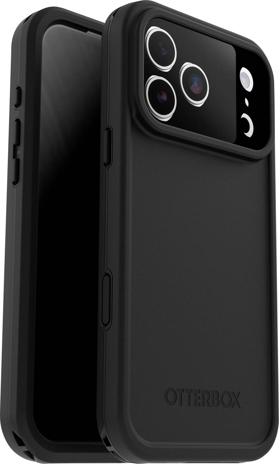 Eine schwarze Smartphone-Hülle mit Schutzabdeckung, die drei Rückkameraobjektive und ein kleines Symbol, das einem Smiley-Gesicht ähnelt, zeigt.