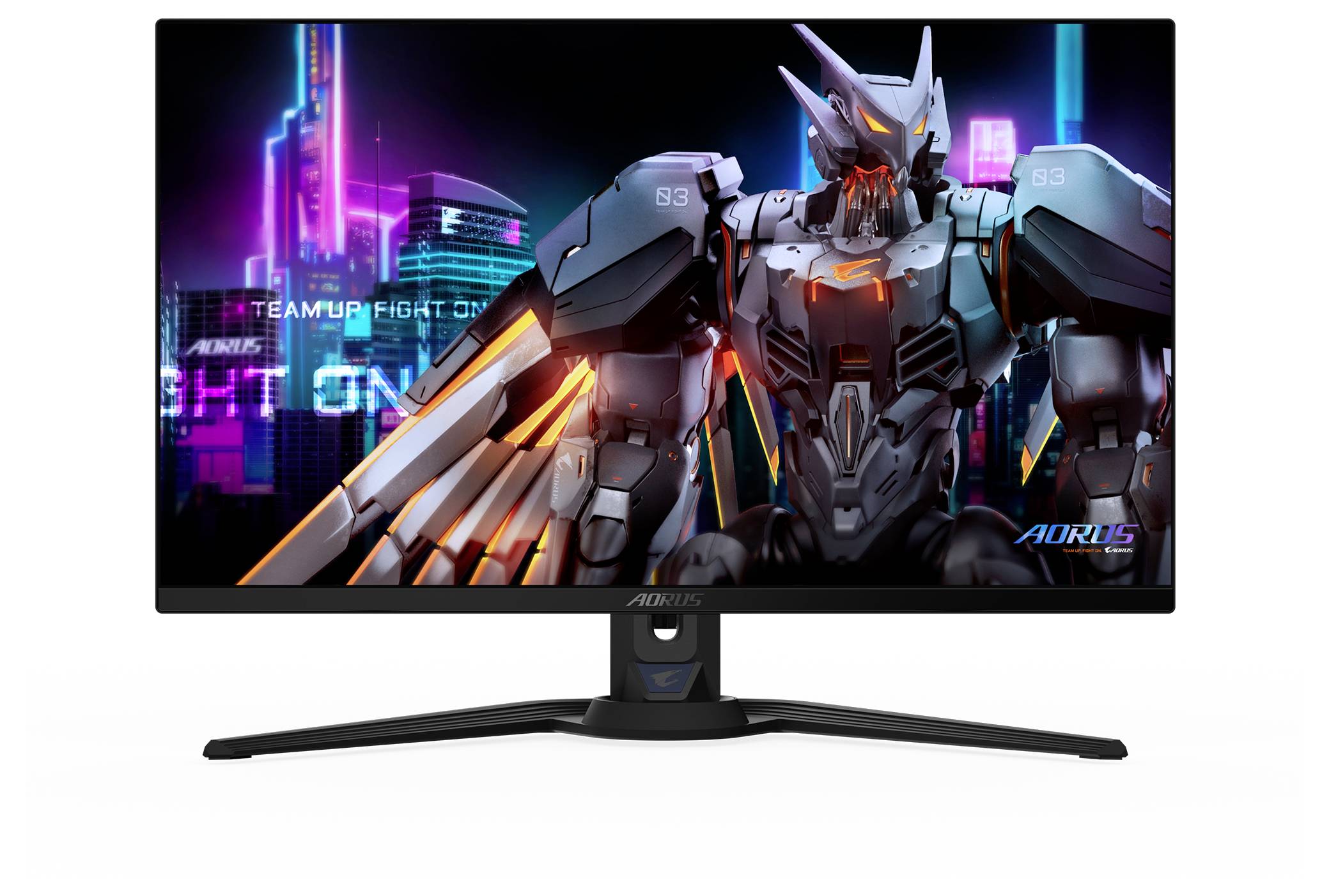 Ein Gaming-Monitor, der einen futuristischen Roboter mit leuchtenden Elementen vor einer Neon beleuchteten Stadtlandschaft zeigt.