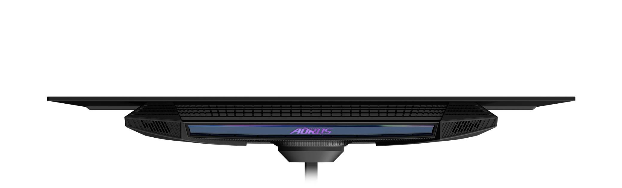 Ein schlanker Monitor, von unten betrachtet, mit hinterleuchtetem Logo und elegantem Kühldesign.