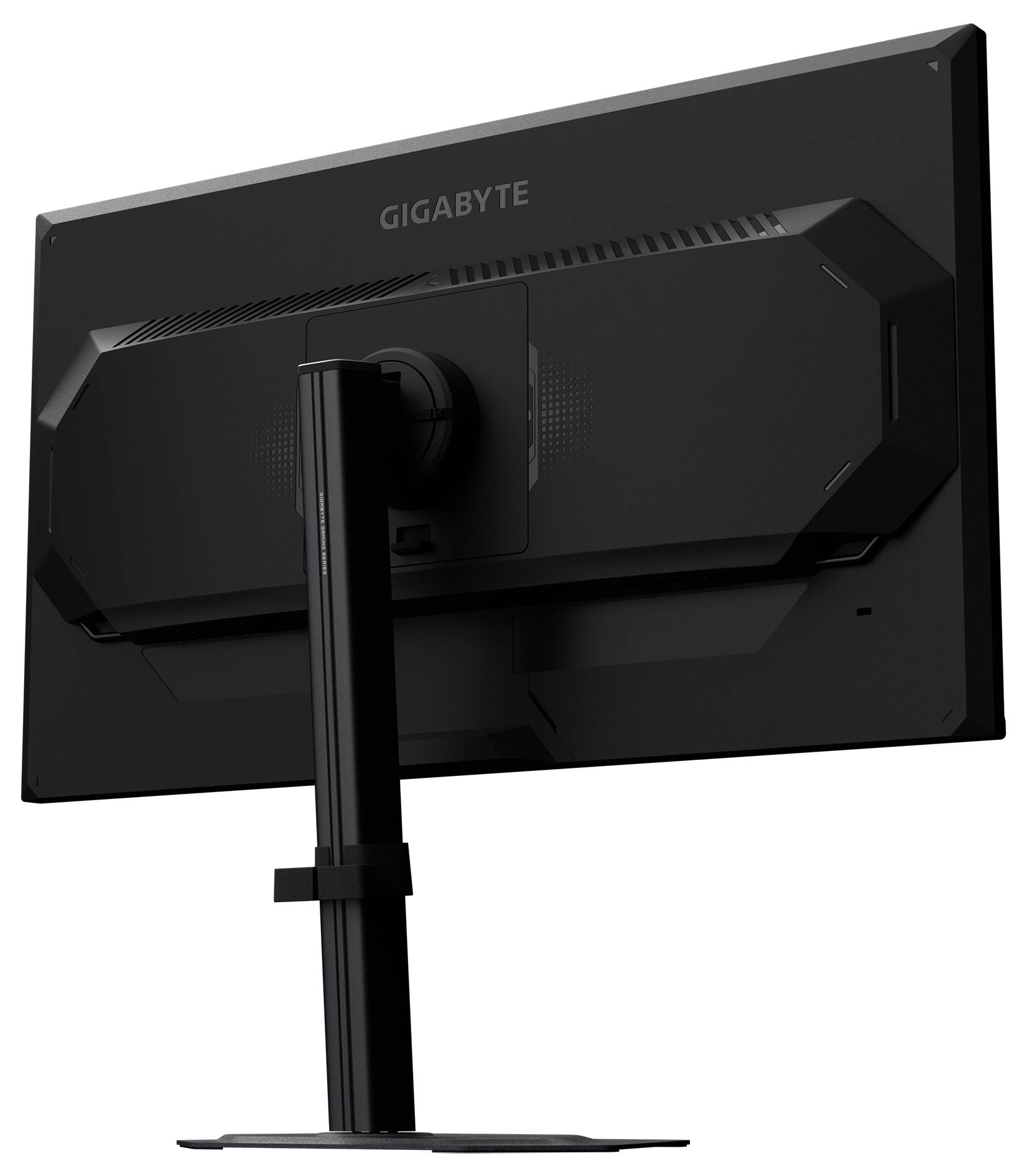 Ein schwarzer Computerbildschirm wird von hinten gezeigt, mit einem Ständer und einem Etikett mit dem Markennamen oben.