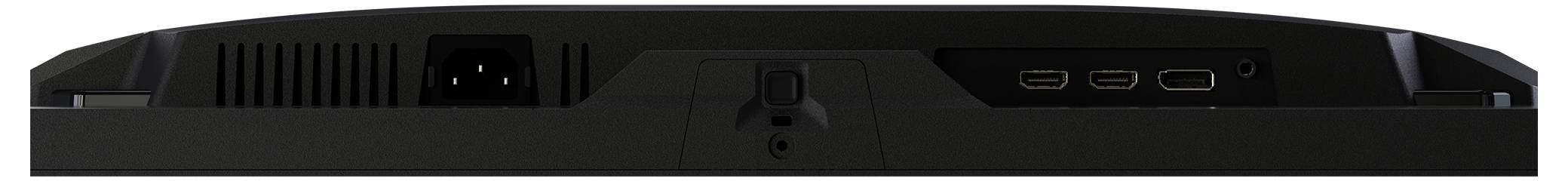 Rückansicht eines schwarzen Computermonitors mit Stromanschluss, drei HDMI-Anschlüssen und Lüftungsschlitzen.