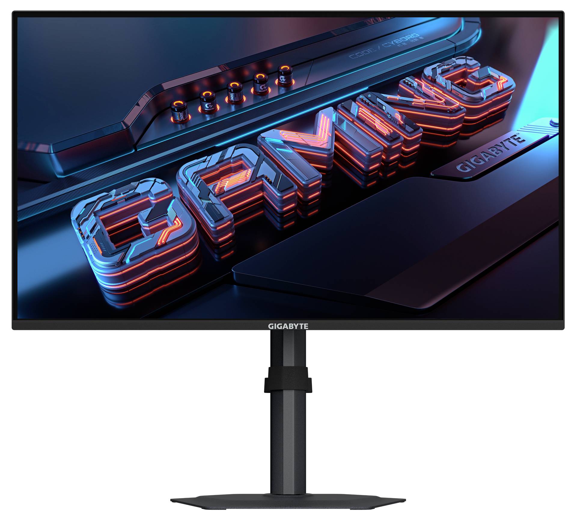 Ein schwarzer Computermonitor von hinten gesehen, der seinen Standfuß und Befestigungszubehör zeigt, mit der Aufschrift 