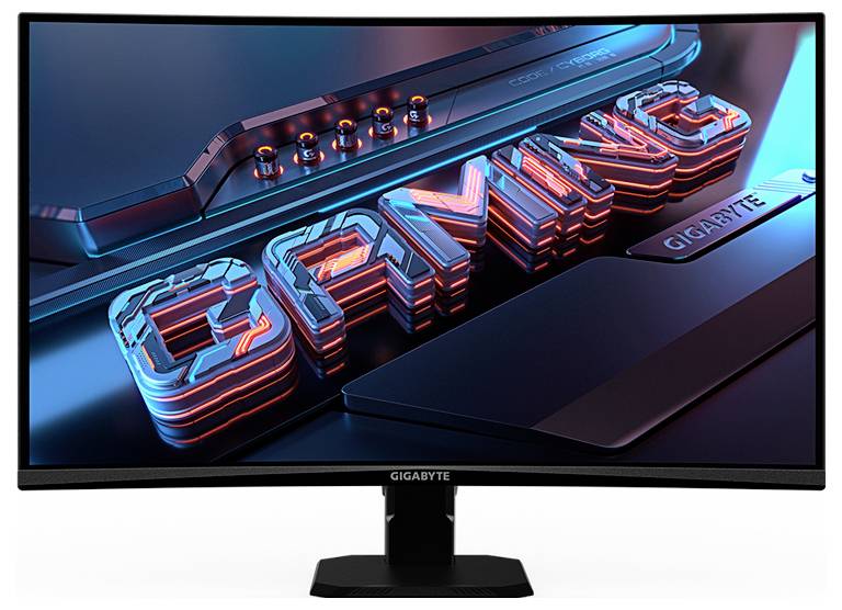 Ein gebogener Gigabyte-Gaming-Monitor zeigt das Wort 