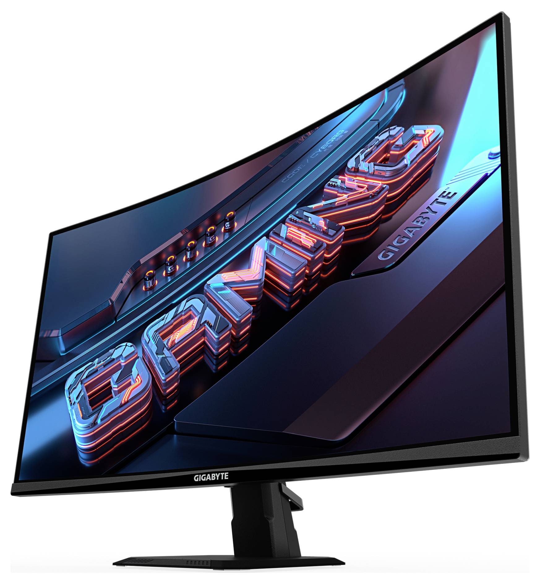 Gekrümmter Gaming-Monitor, der das Wort 'GAMING' in fetten, farbenfroh 3D-Buchstaben zeigt und damit sein Gaming-Design und seine Technologie hervorhebt.