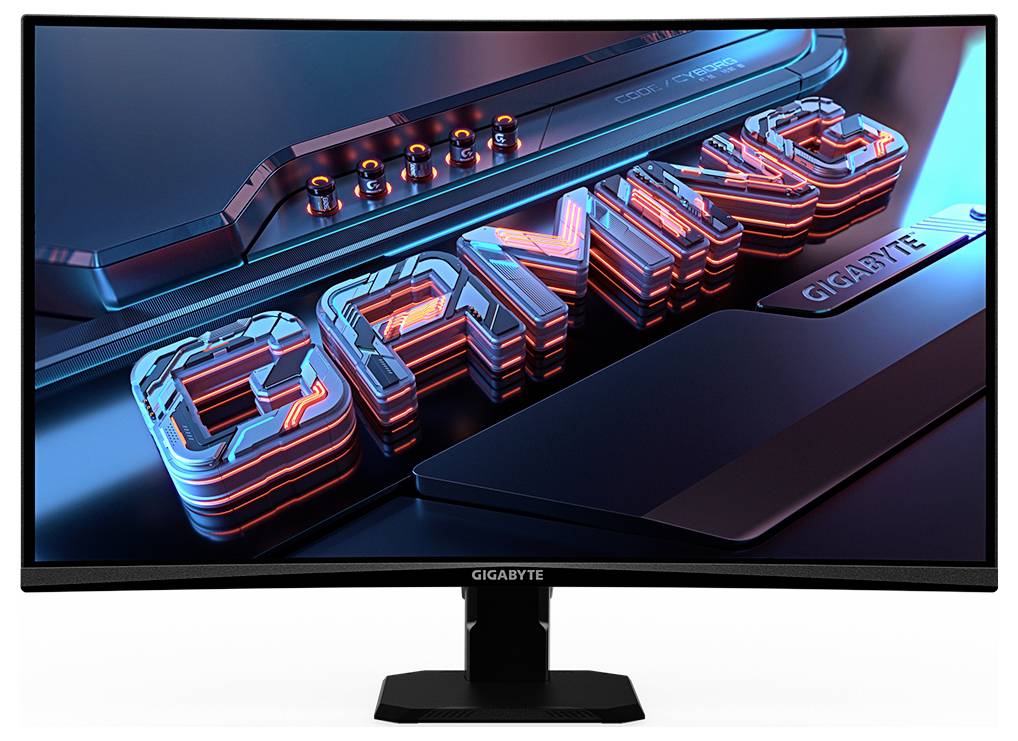 Ein gebogener GIGABYTE-Monitor zeigt 3D-Text 