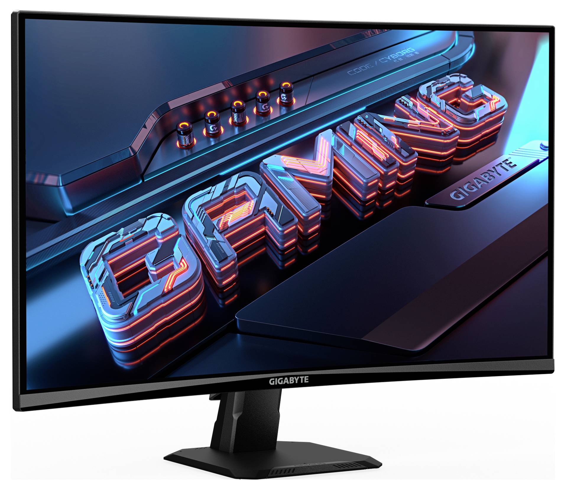 Das Bild zeigt einen Computermonitor, der eine 3D-Grafik des Wortes 'GAMING' in futuristischen Blau- und Rottönen präsentiert, markiert mit dem Gigabyte-Branding.