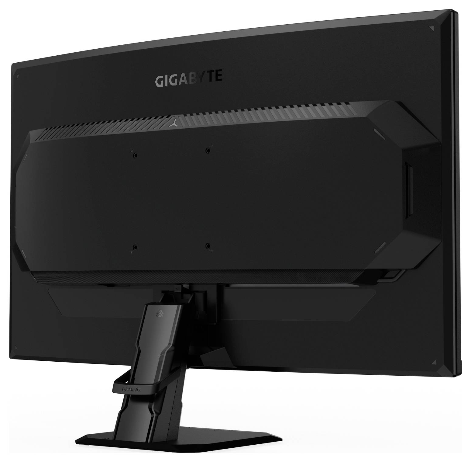 Eine Rückansicht eines schwarzen Gigabyte-Computermonitors auf einem Ständer, die das flache Rückenpaneel und das Gigabyte-Logo zeigt.