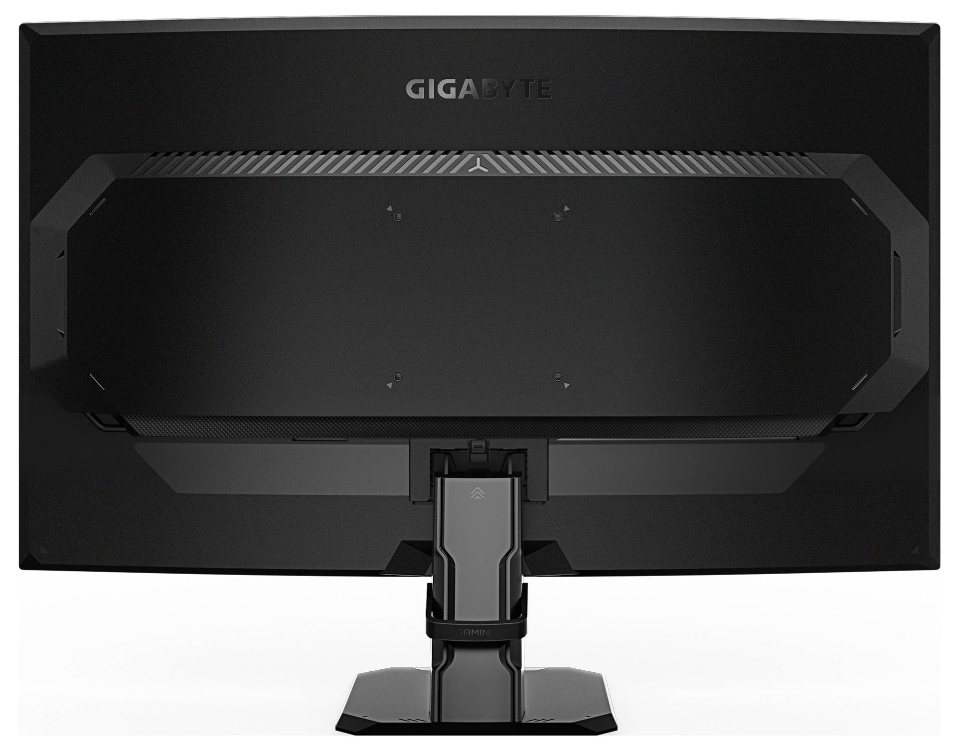 Ein schwarzer GIGABYTE-Computermonitor, von hinten gesehen, mit einem Ständer und einem belüfteten Bereich in der Nähe der Oberseite.