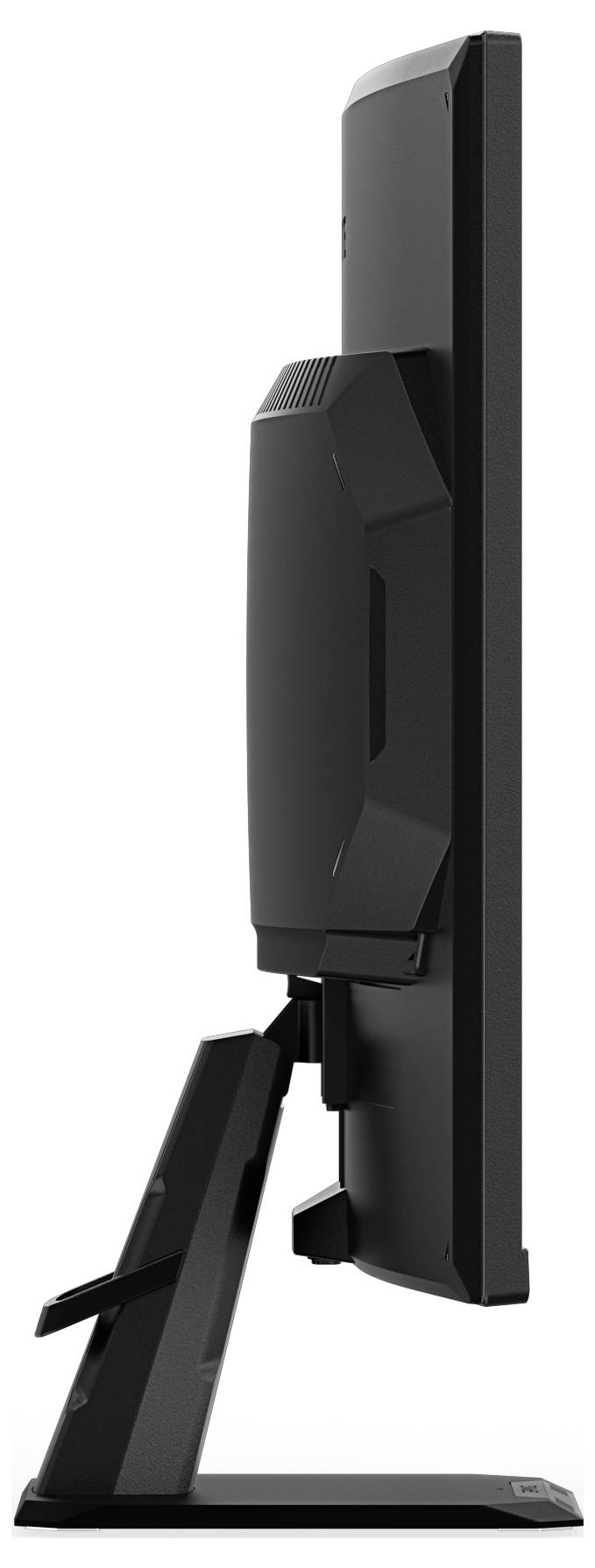 Seitenansicht eines schwarzen Computermonitors auf einem Ständer, der seinen schlanken Profil und seine verstellbare Konstruktion präsentiert, ideal für ergonomische Arbeitsplätze.