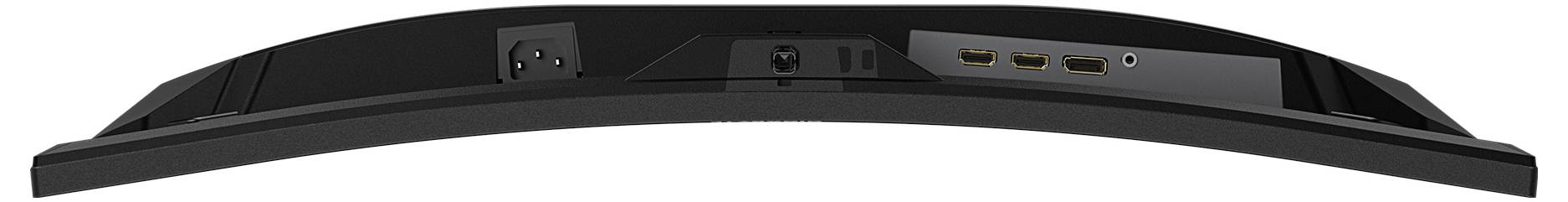 Rückansicht eines gebogenen Monitors mit Anschlussfeld, das HDMI-, DisplayPort-, USB- und Stromanschlüsse zeigt.