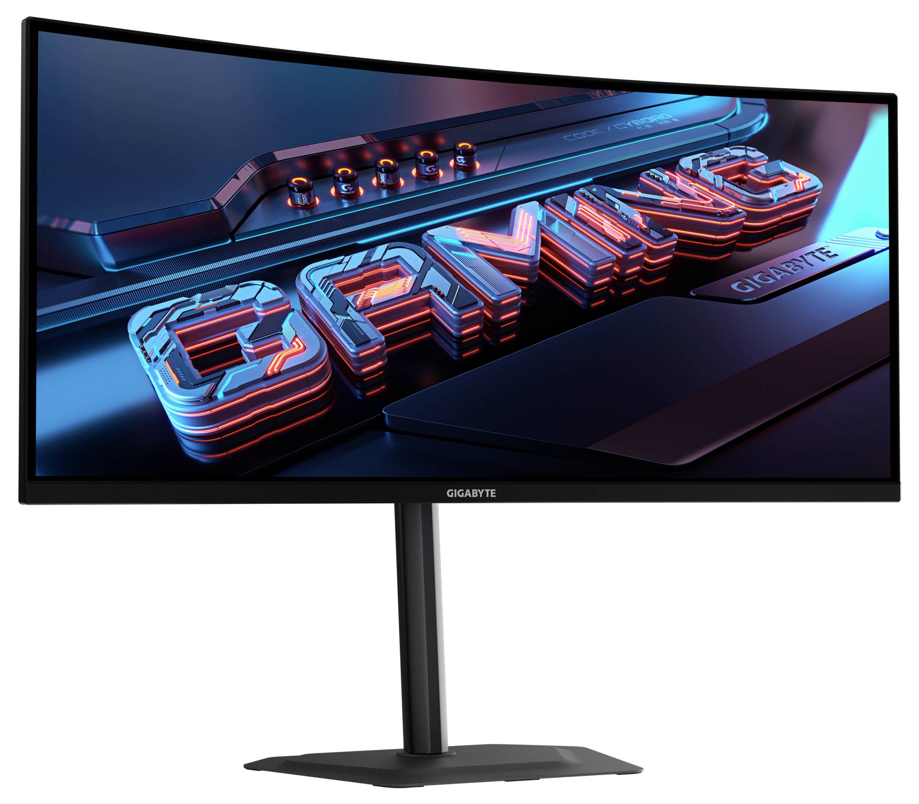 Ein gebogener Monitor zeigt das Wort 'GAMING' in einem 3D-futuristischen Stil. Der Monitor steht auf einem schlanken, modernen Sockel.