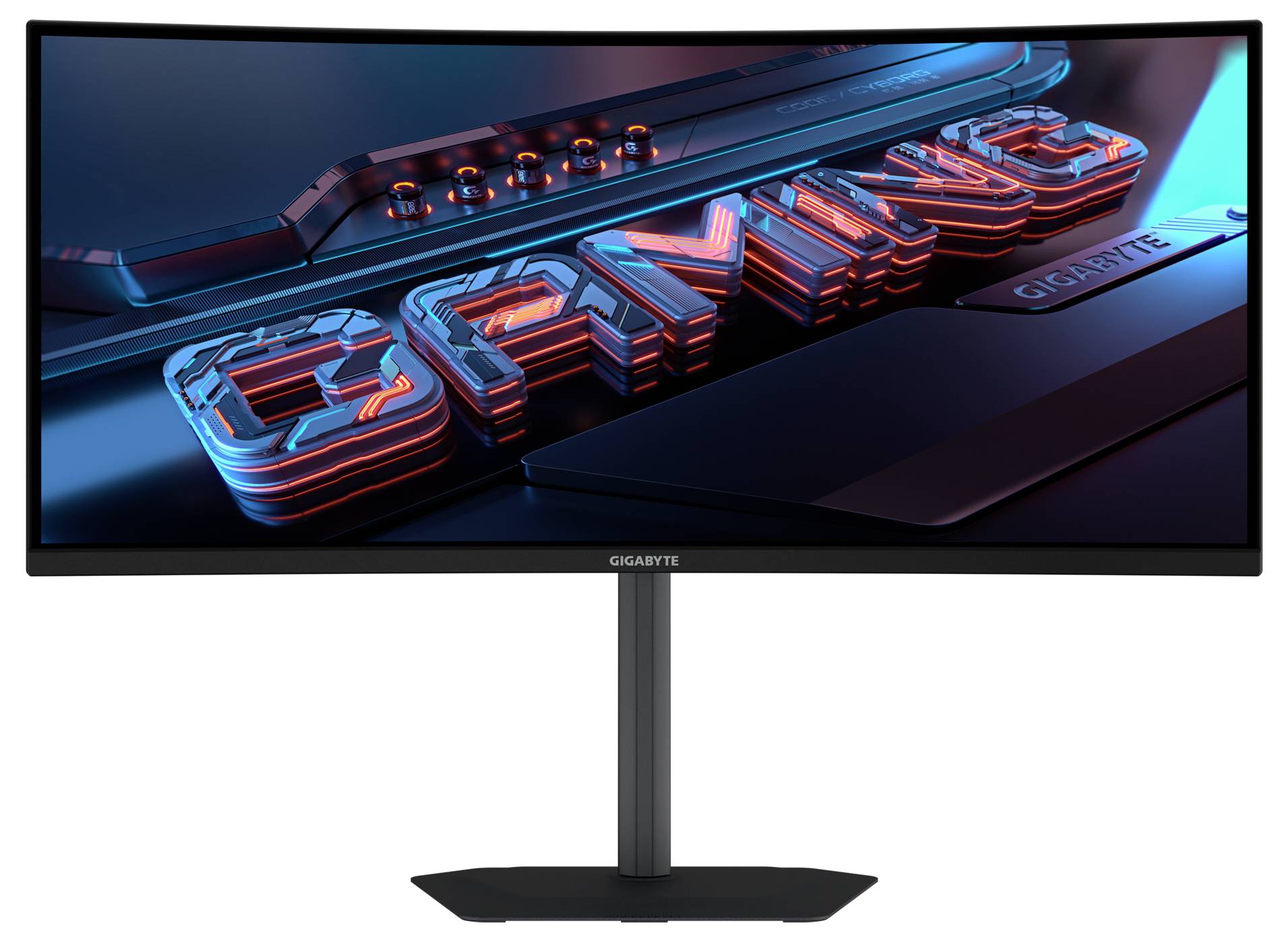 Curved Monitor, der das Wort 'GAMING' in großen, fetten, blau- und rotfarbenen Buchstaben anzeigt. Das Gigabyte-Logo ist unten sichtbar.