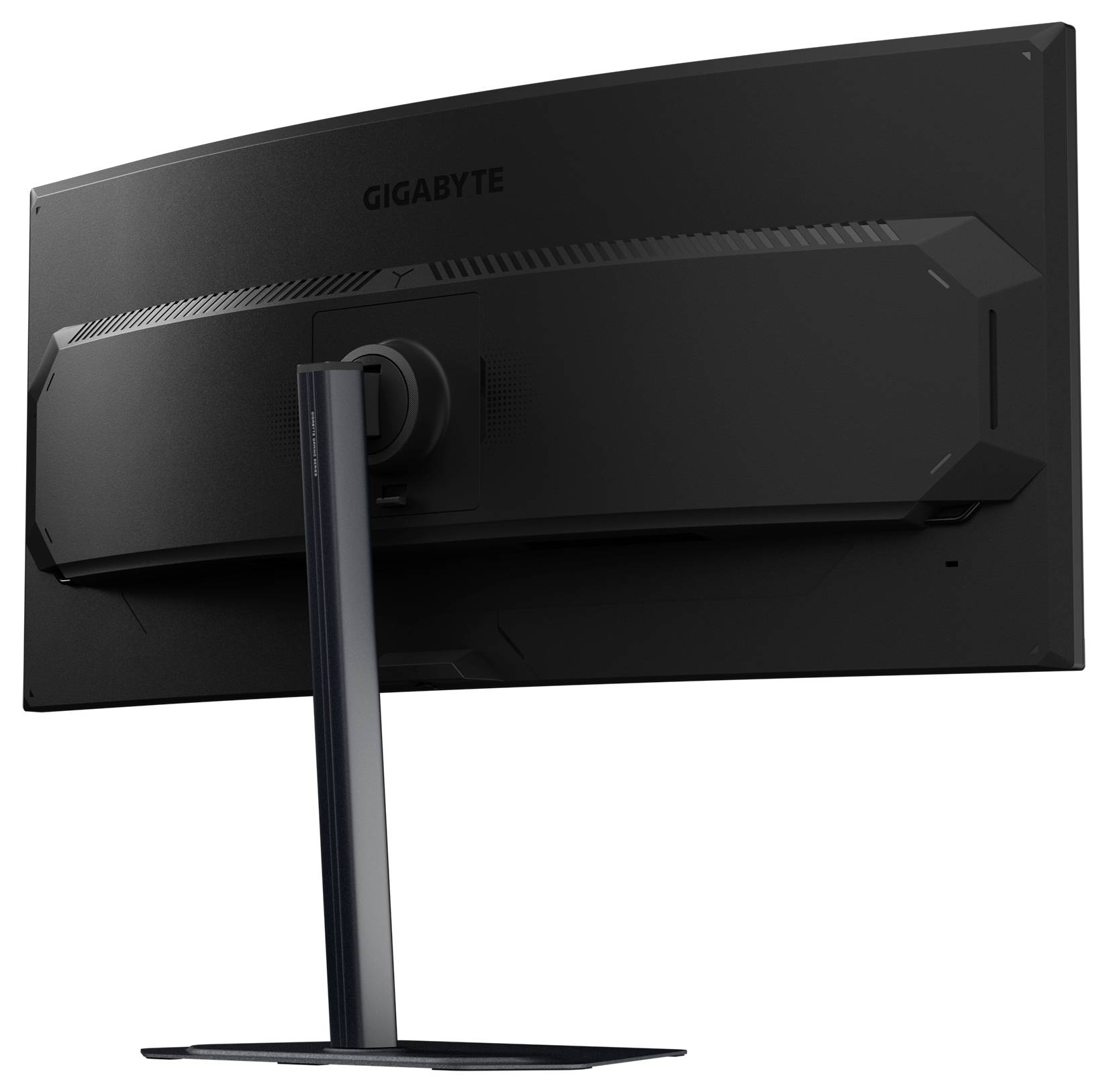 Ein schwarzer Breitbild-Monitor von hinten betrachtet, auf einem Ständer montiert, mit einem Markennamen in der oberen Mitte.